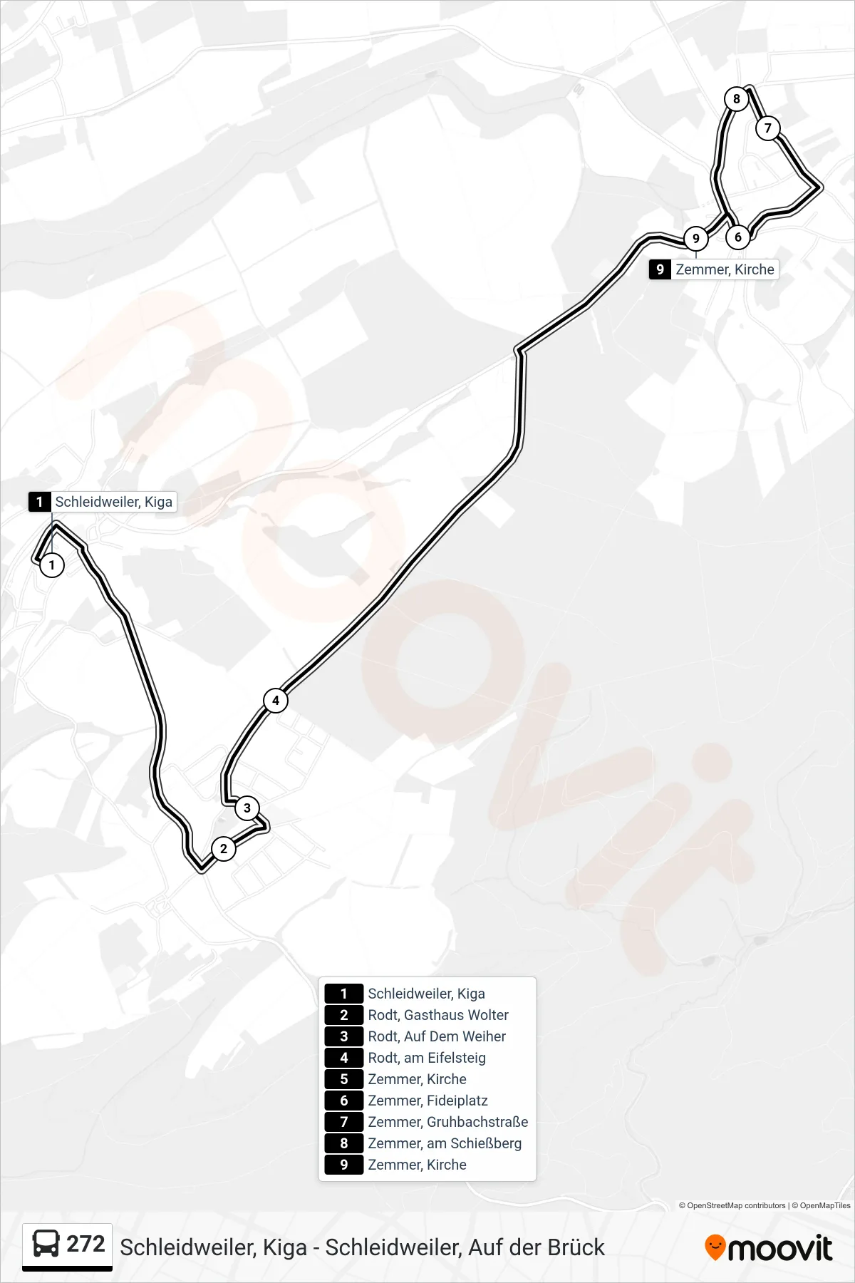 272 bus Line (Zemmer, Kirche) route and stops on a map