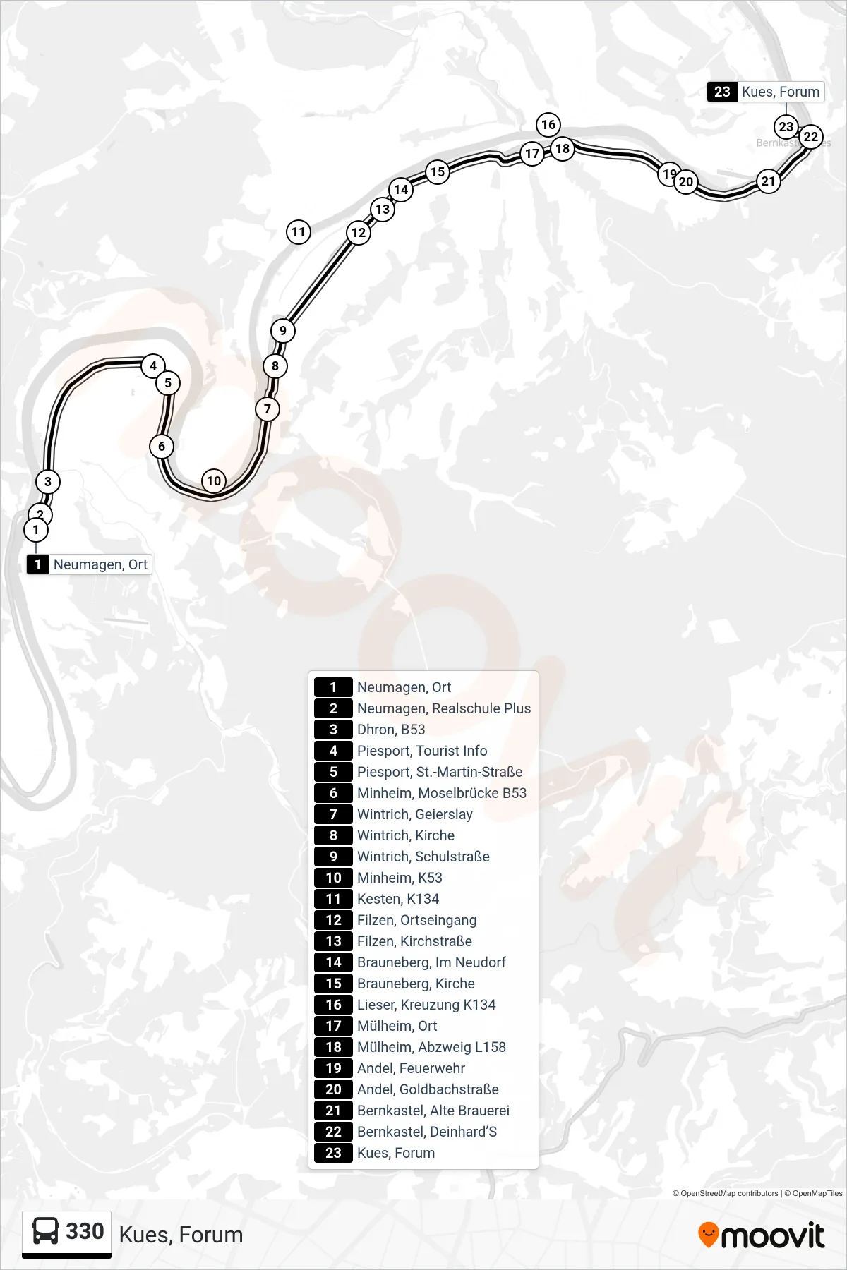330 bus Line (Kues, Forum) route and stops on a map