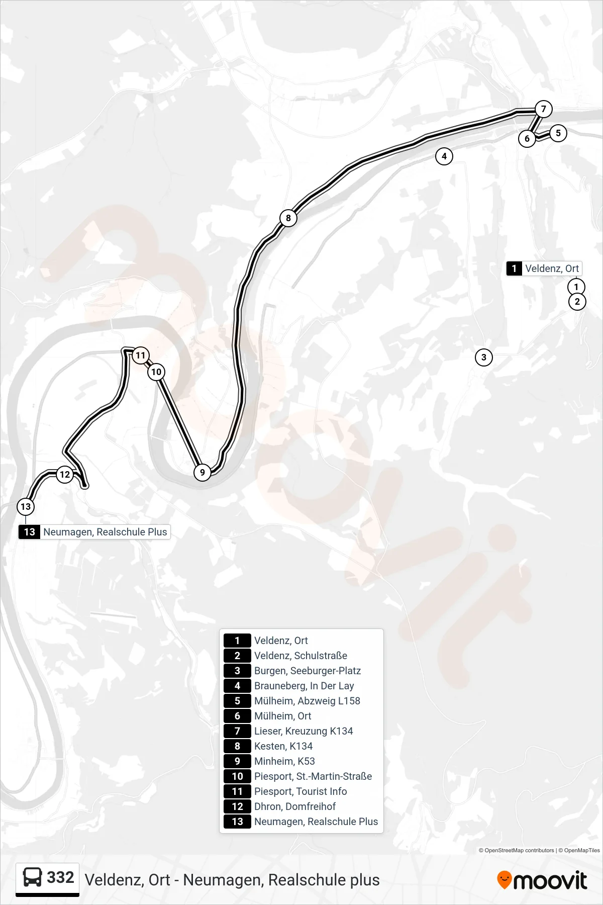 332 bus Line (Neumagen, Realschule Plus) route and stops on a map