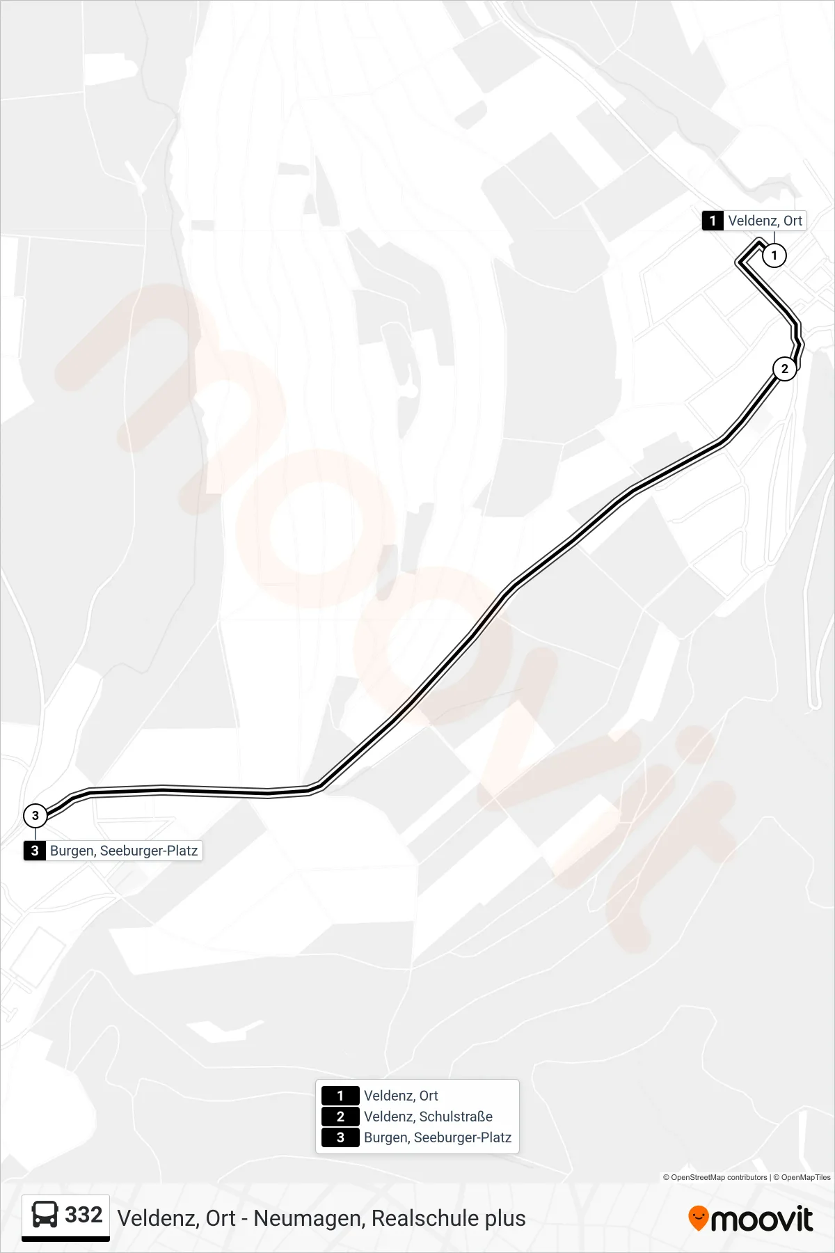 332 bus Line (Burgen, Seeburger-Platz) route and stops on a map