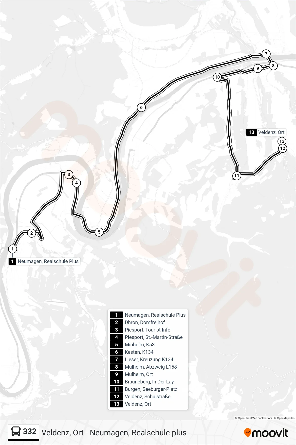 Linie 332 (Bus) Richtung Veldenz, Ort: Route und Haltestellen auf der Karte