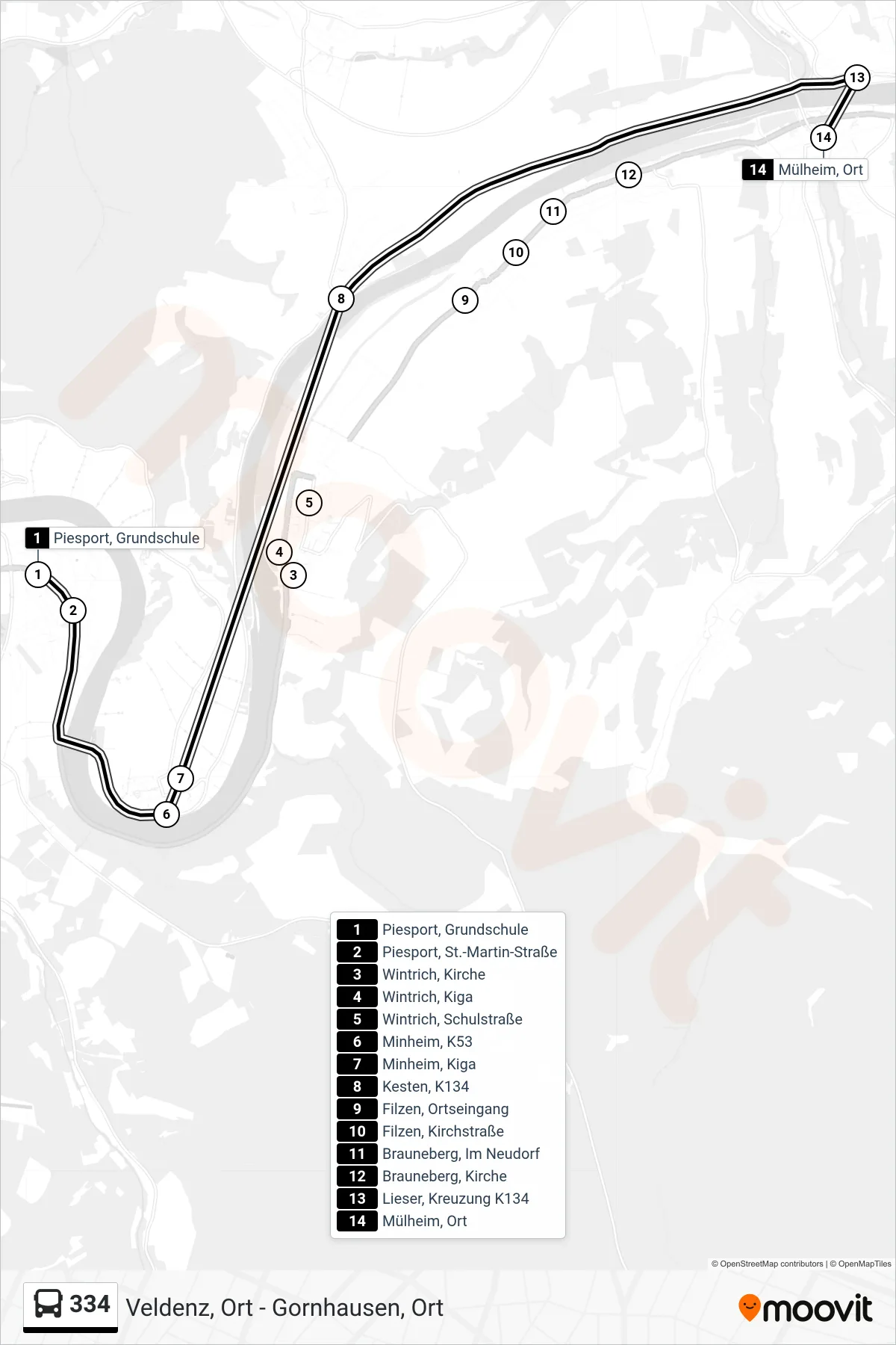 334 bus Line (Mülheim, Ort) route and stops on a map
