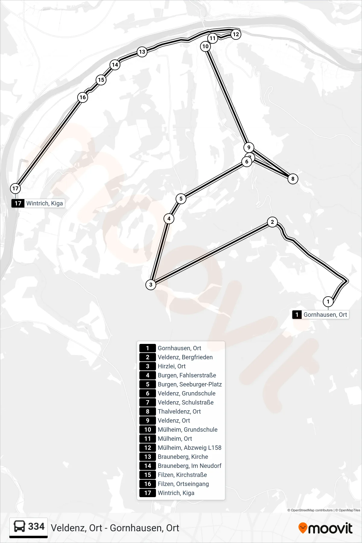 334 bus Line (Wintrich, Kiga) route and stops on a map