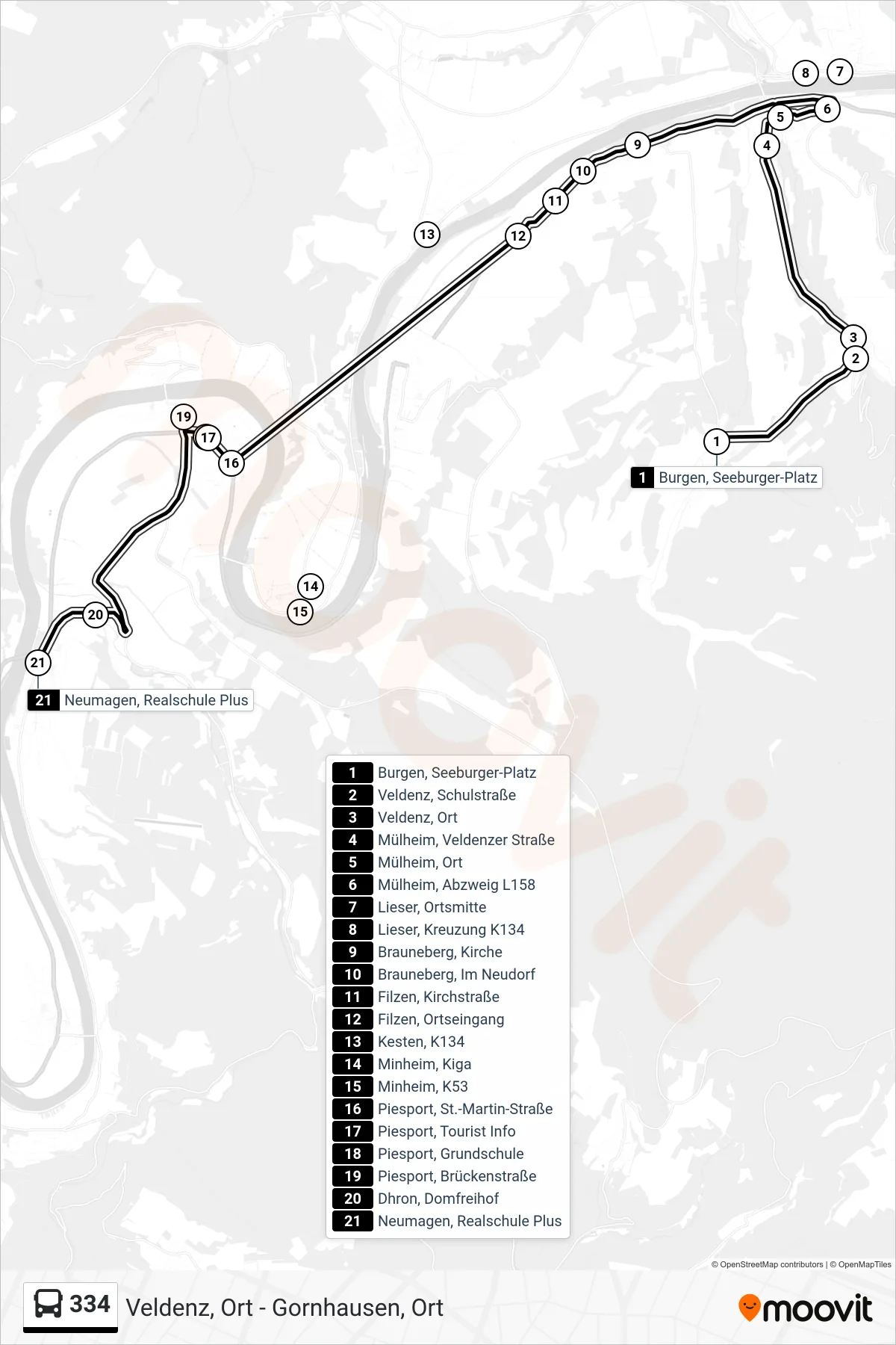 334 bus Line (Neumagen, Realschule Plus) route and stops on a map