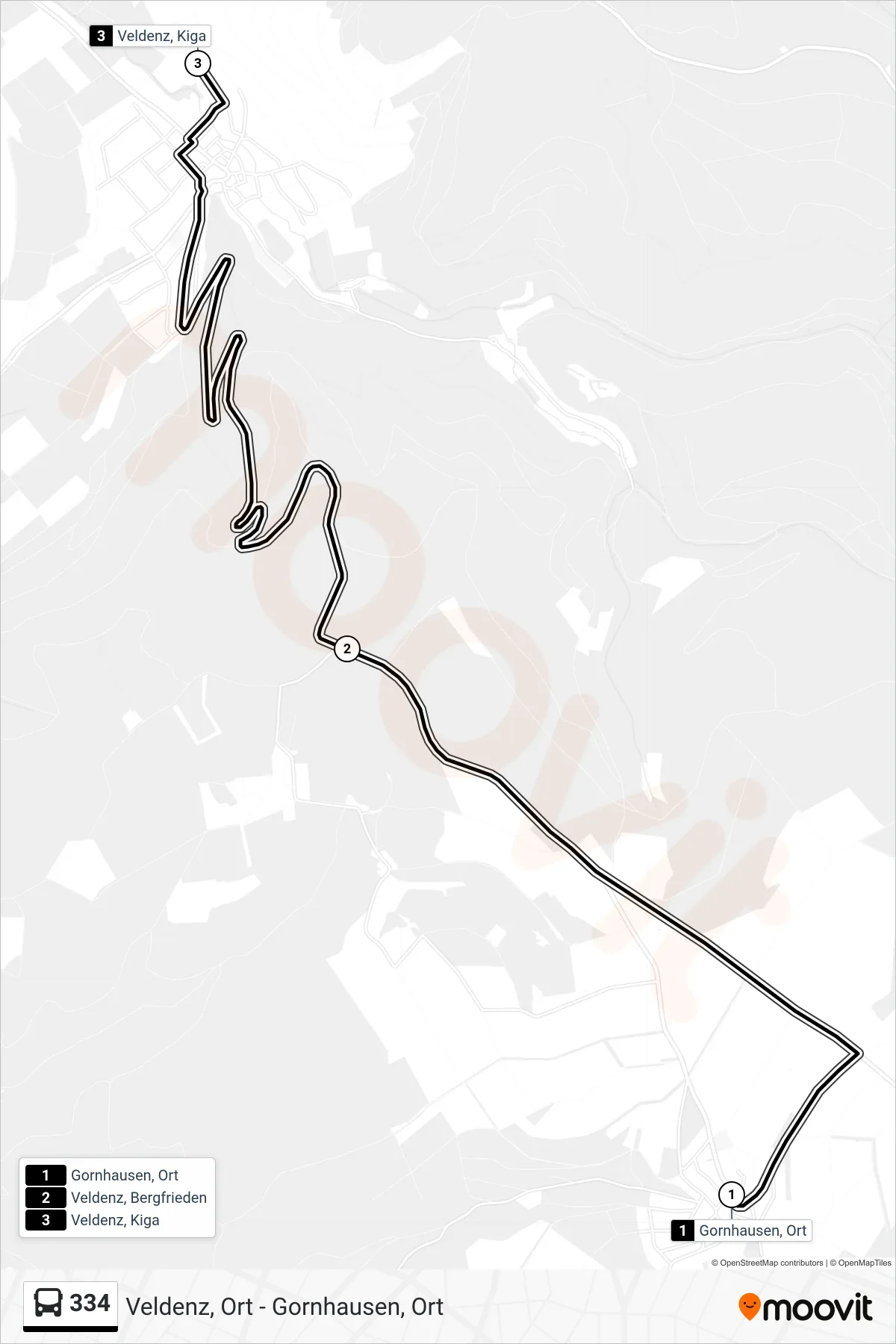 334 bus Line (Veldenz, Kiga) route and stops on a map