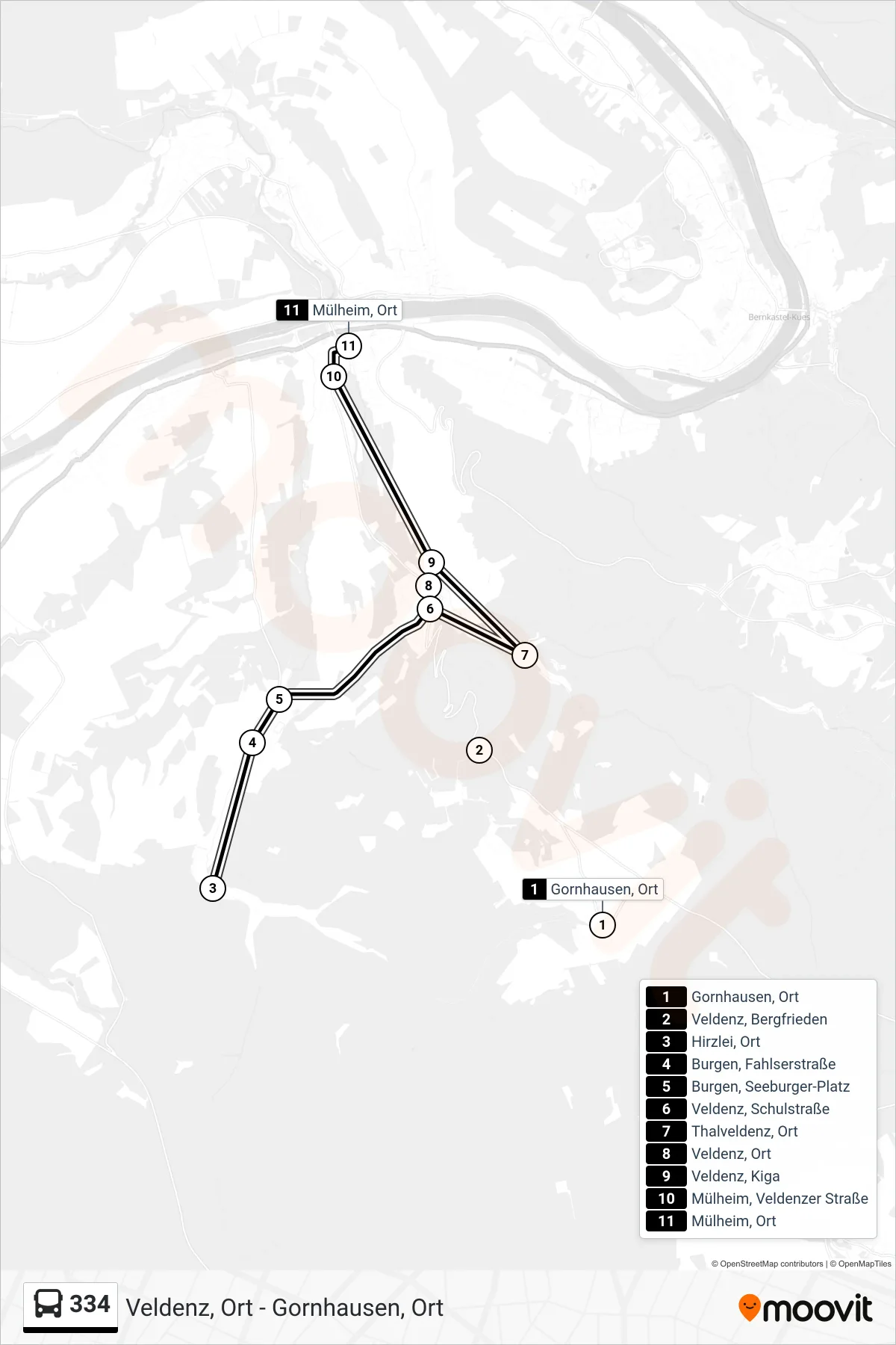 334 bus Line (Mülheim, Ort) route and stops on a map