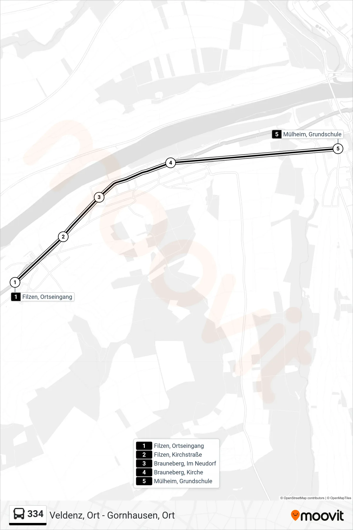 334 bus Line (Mülheim, Grundschule) route and stops on a map