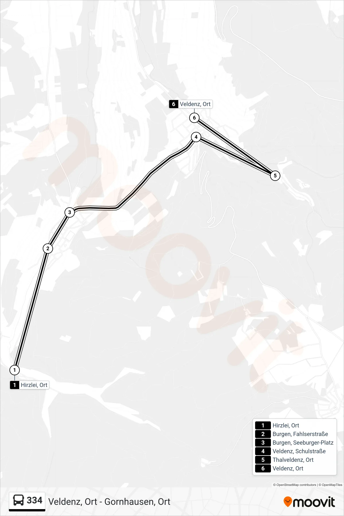 334 bus Line (Veldenz, Ort) route and stops on a map