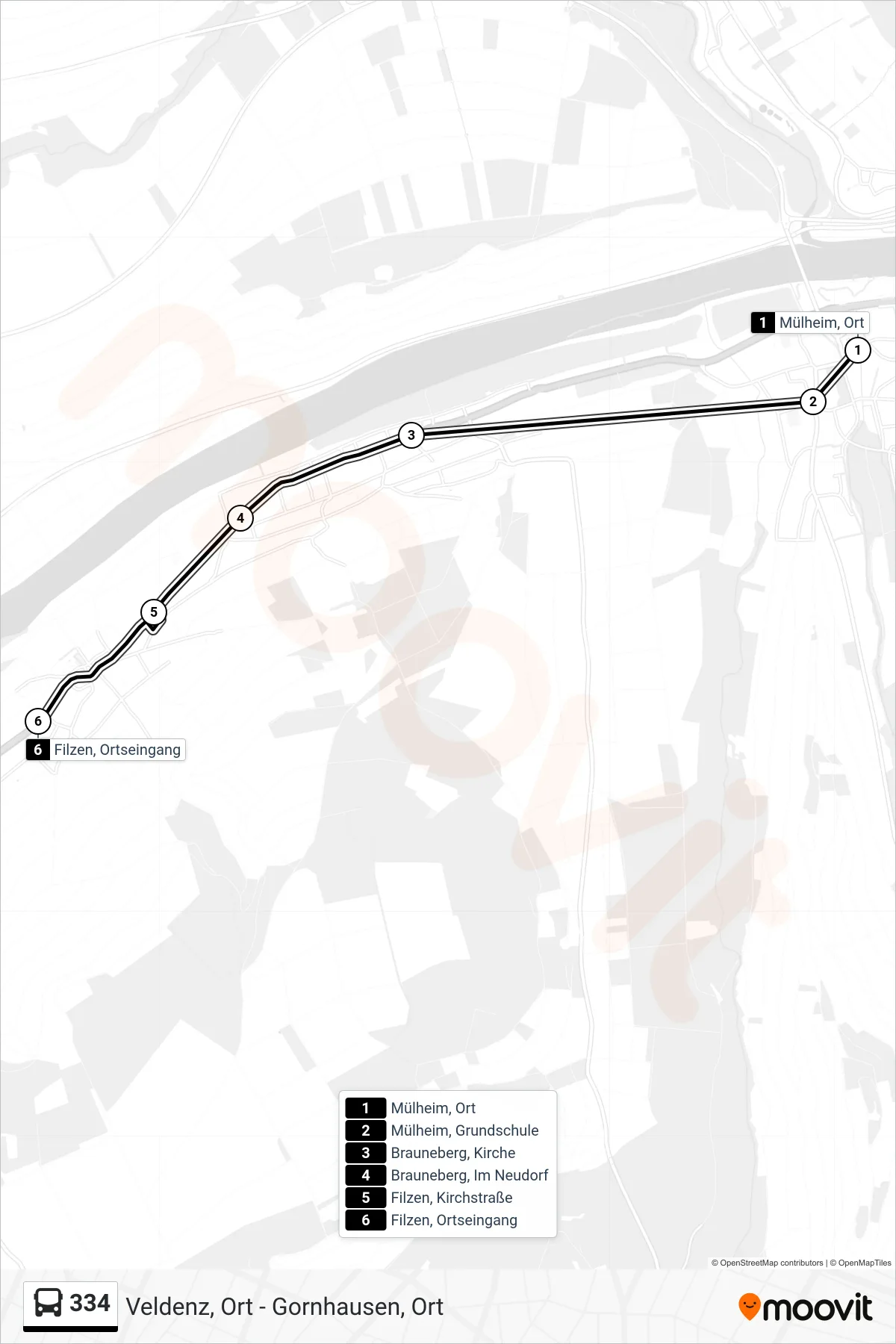 334 bus Line (Filzen, Ortseingang) route and stops on a map