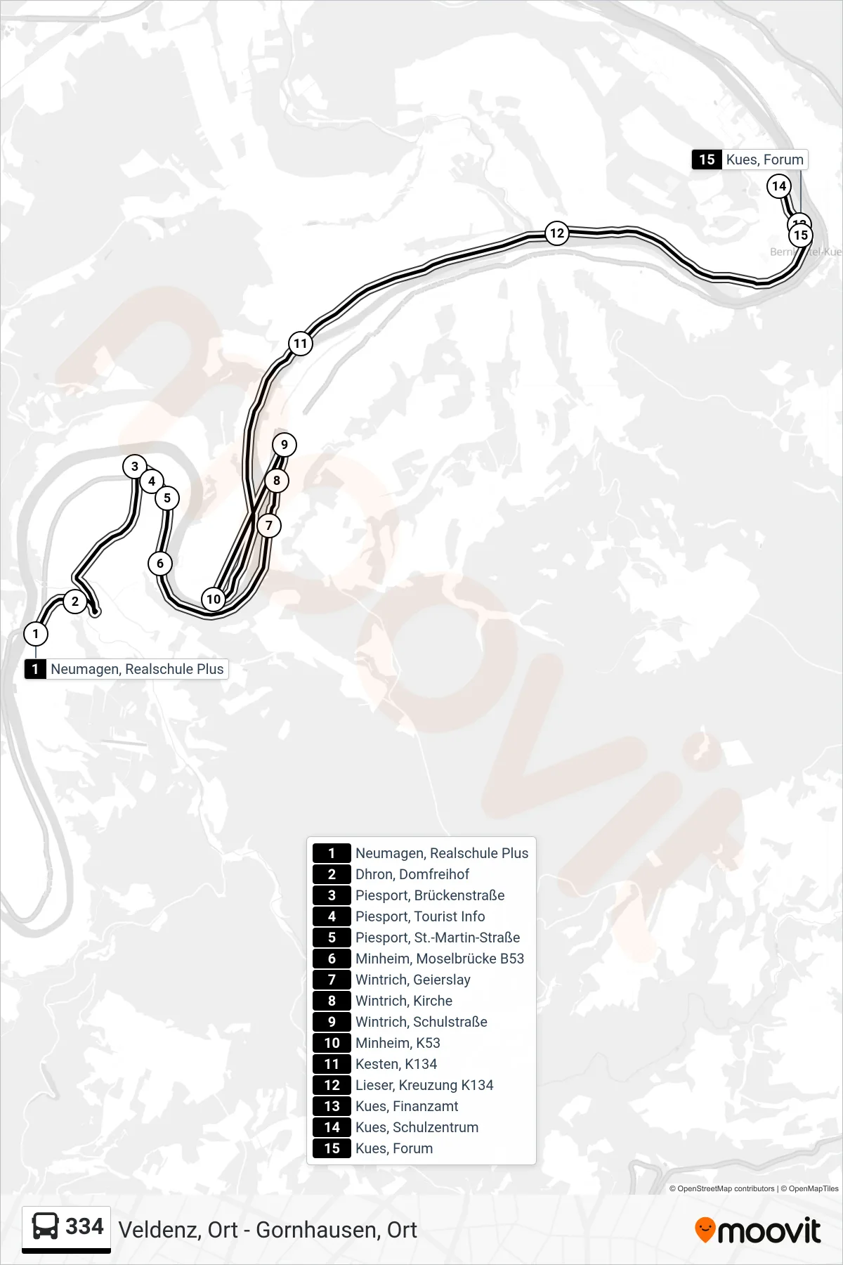334 bus Line (Kues, Forum) route and stops on a map
