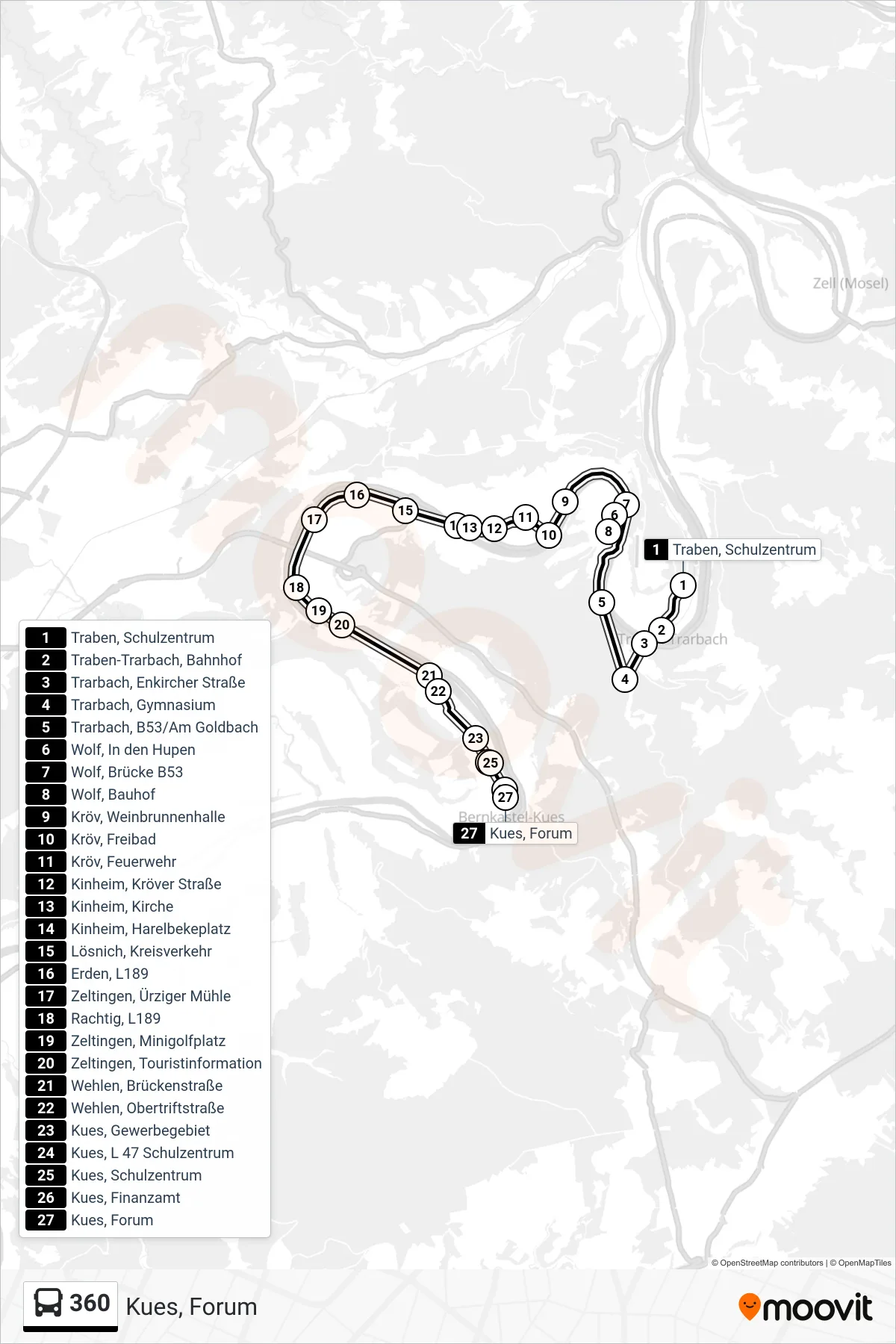 360 bus Line (Kues, Forum) route and stops on a map