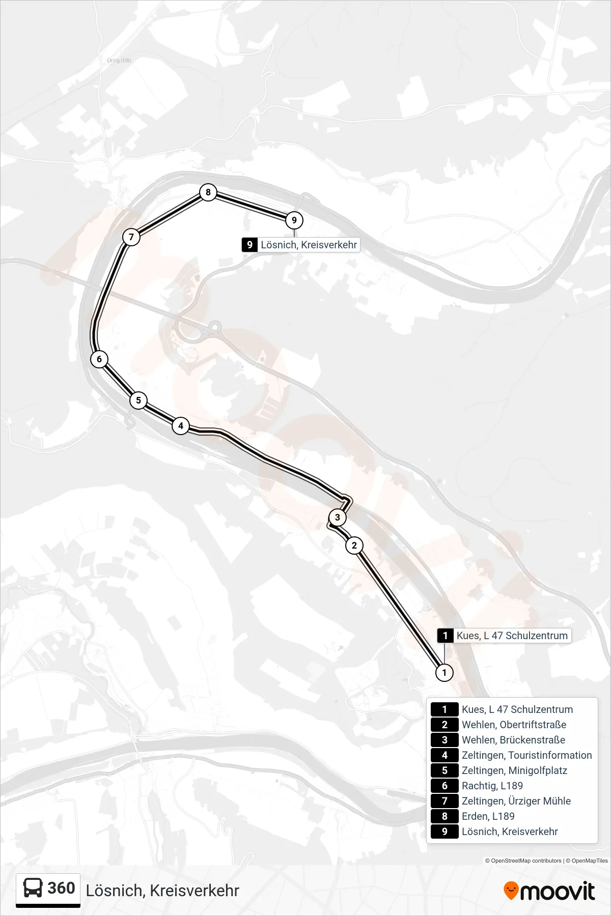 360 bus Line (Lösnich, Kreisverkehr) route and stops on a map