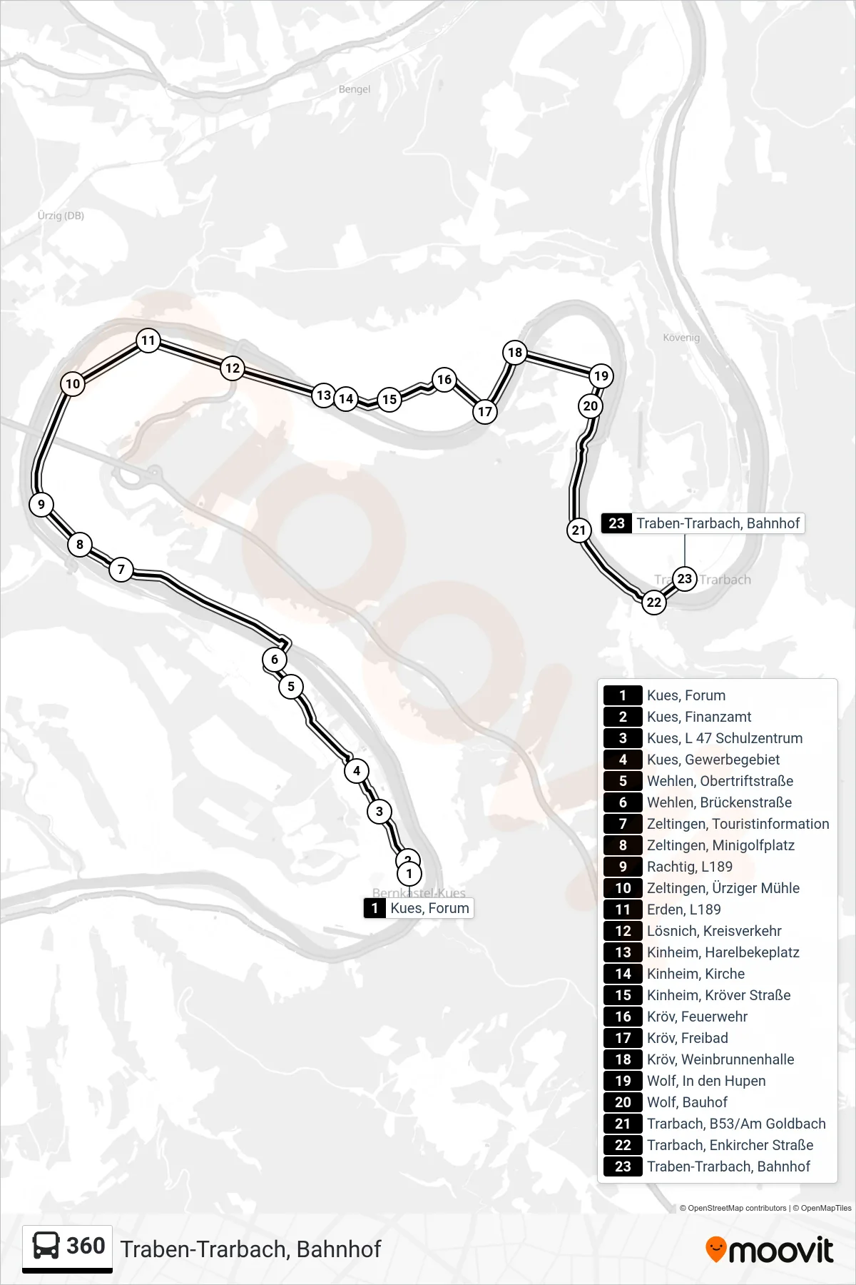 360 bus Line (Traben-Trarbach, Bahnhof) route and stops on a map