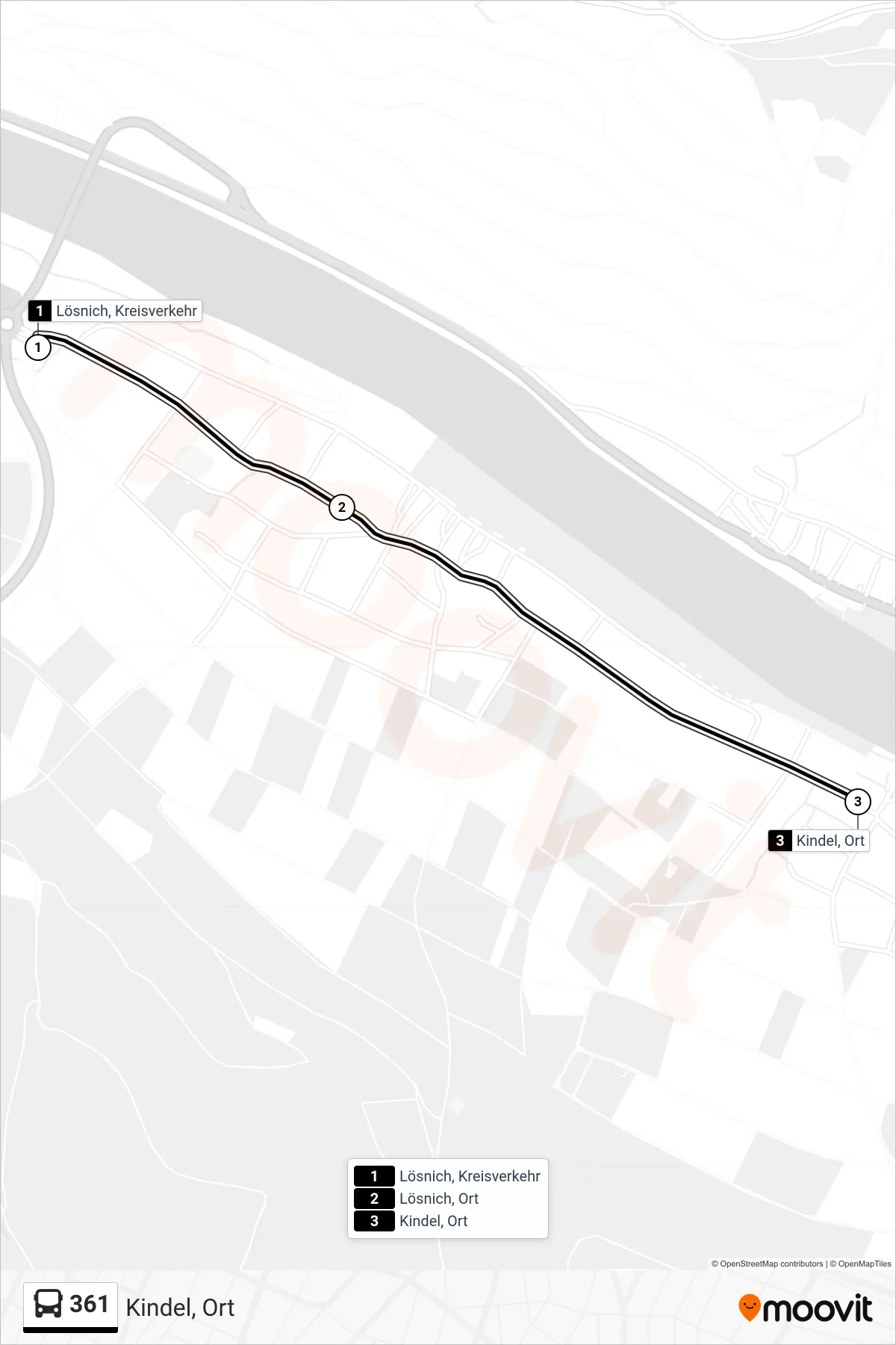 361 bus Line (Kindel, Ort) route and stops on a map
