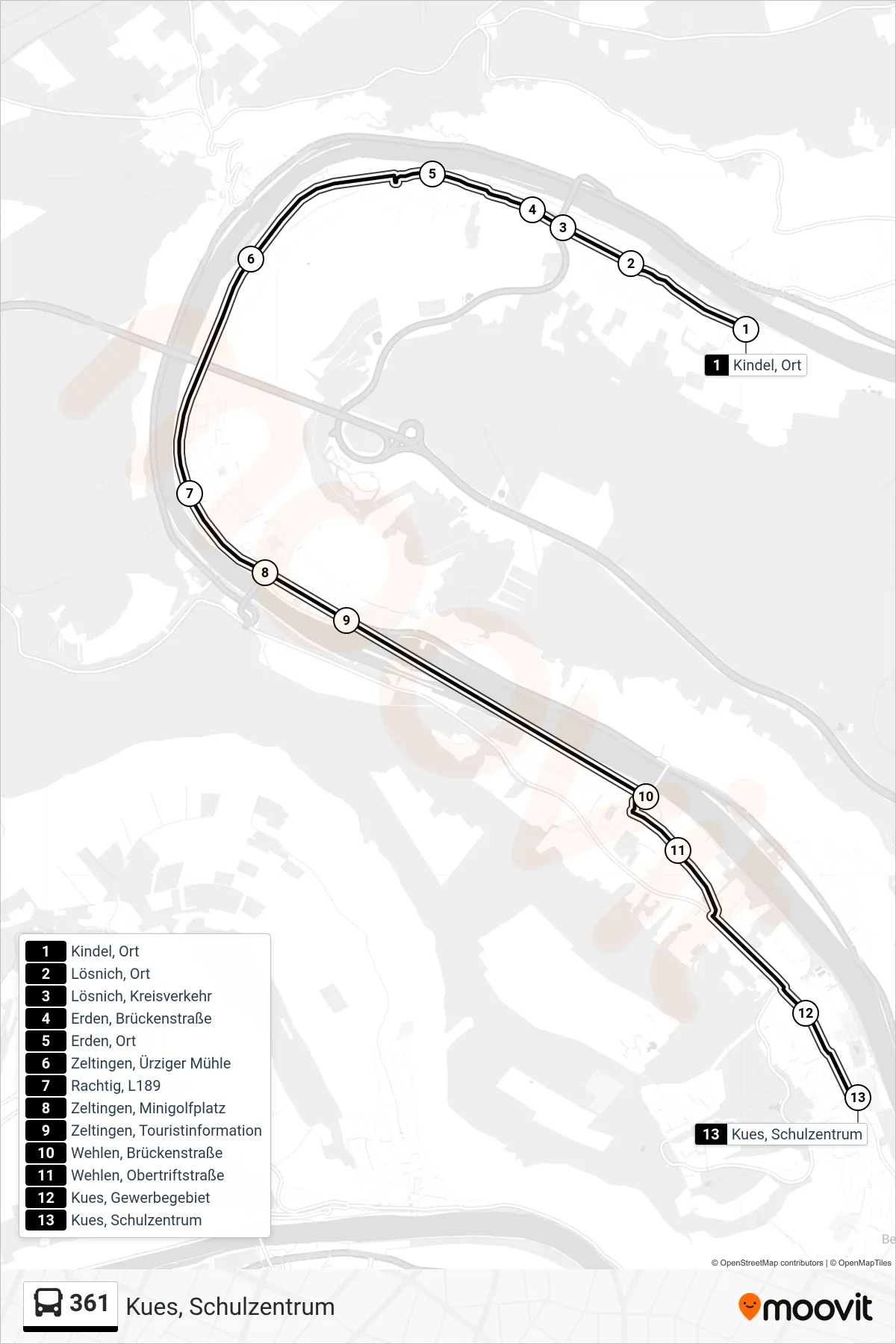 361 bus Line (Kues, Schulzentrum) route and stops on a map