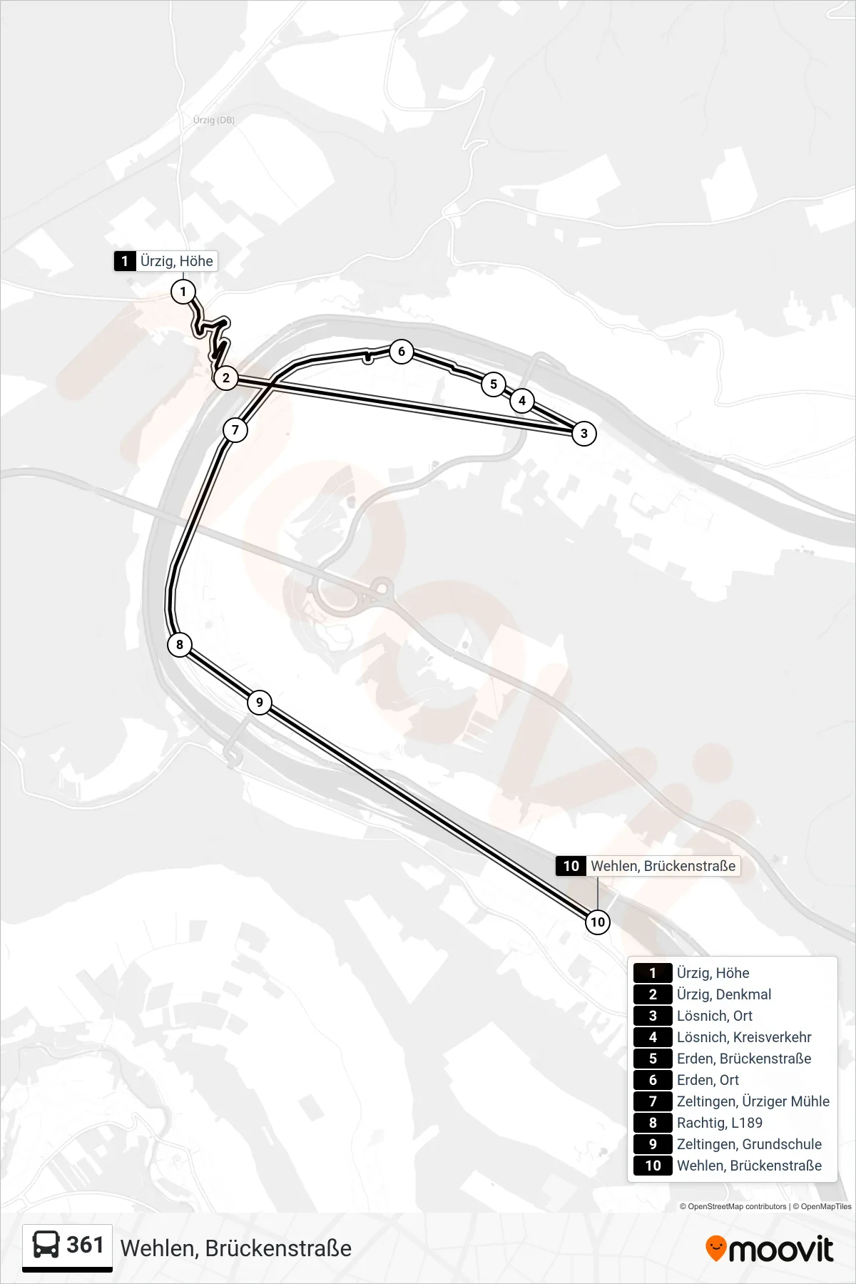 361 bus Line (Wehlen, Brückenstraße) route and stops on a map