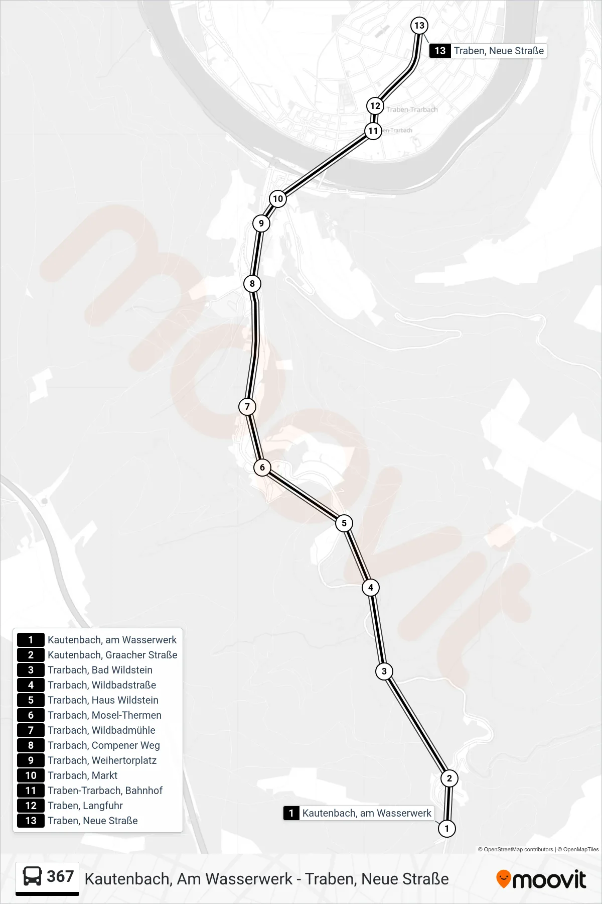 367 bus Line (Traben, Neue Straße) route and stops on a map
