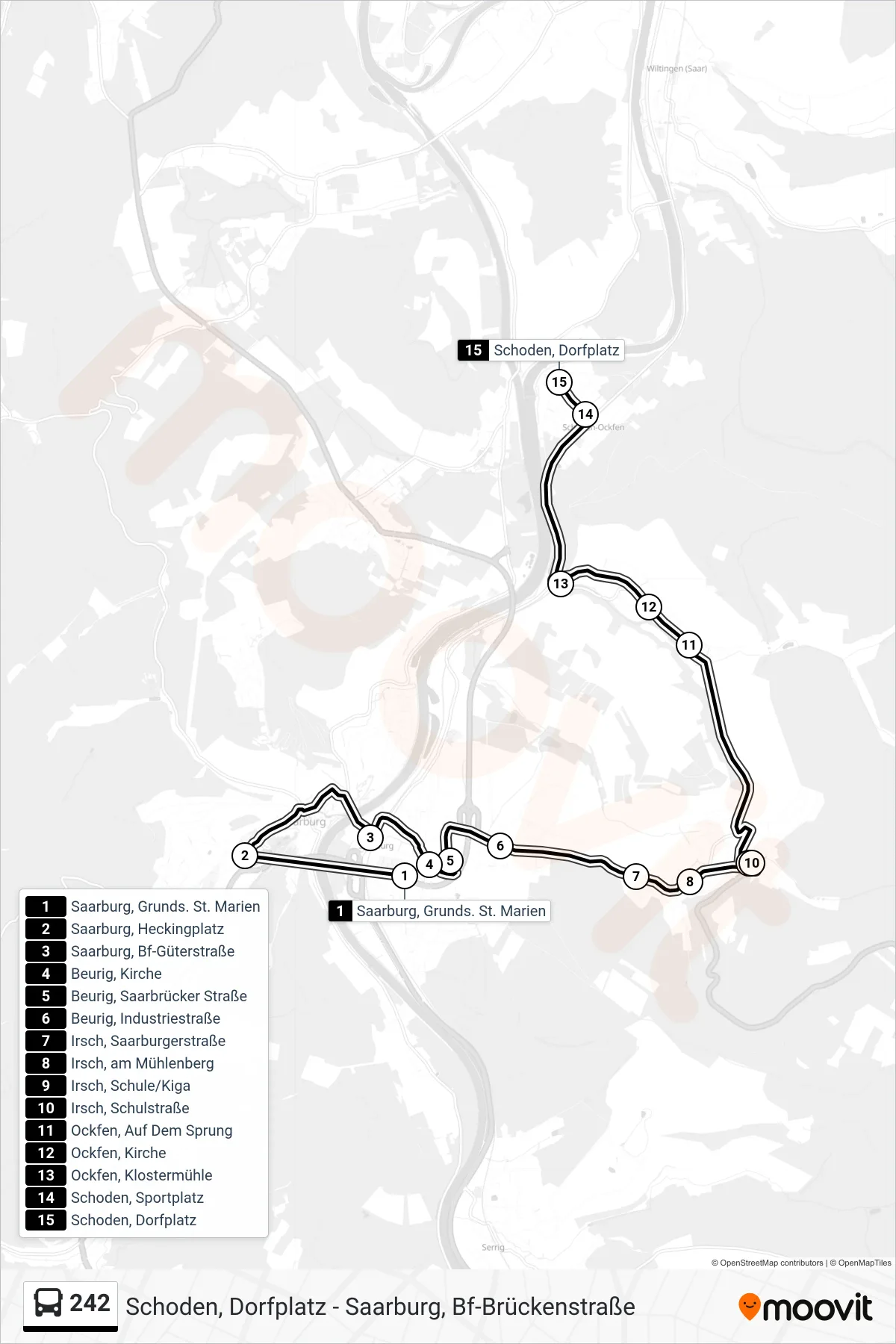 242 bus Line (Schoden, Dorfplatz) route and stops on a map