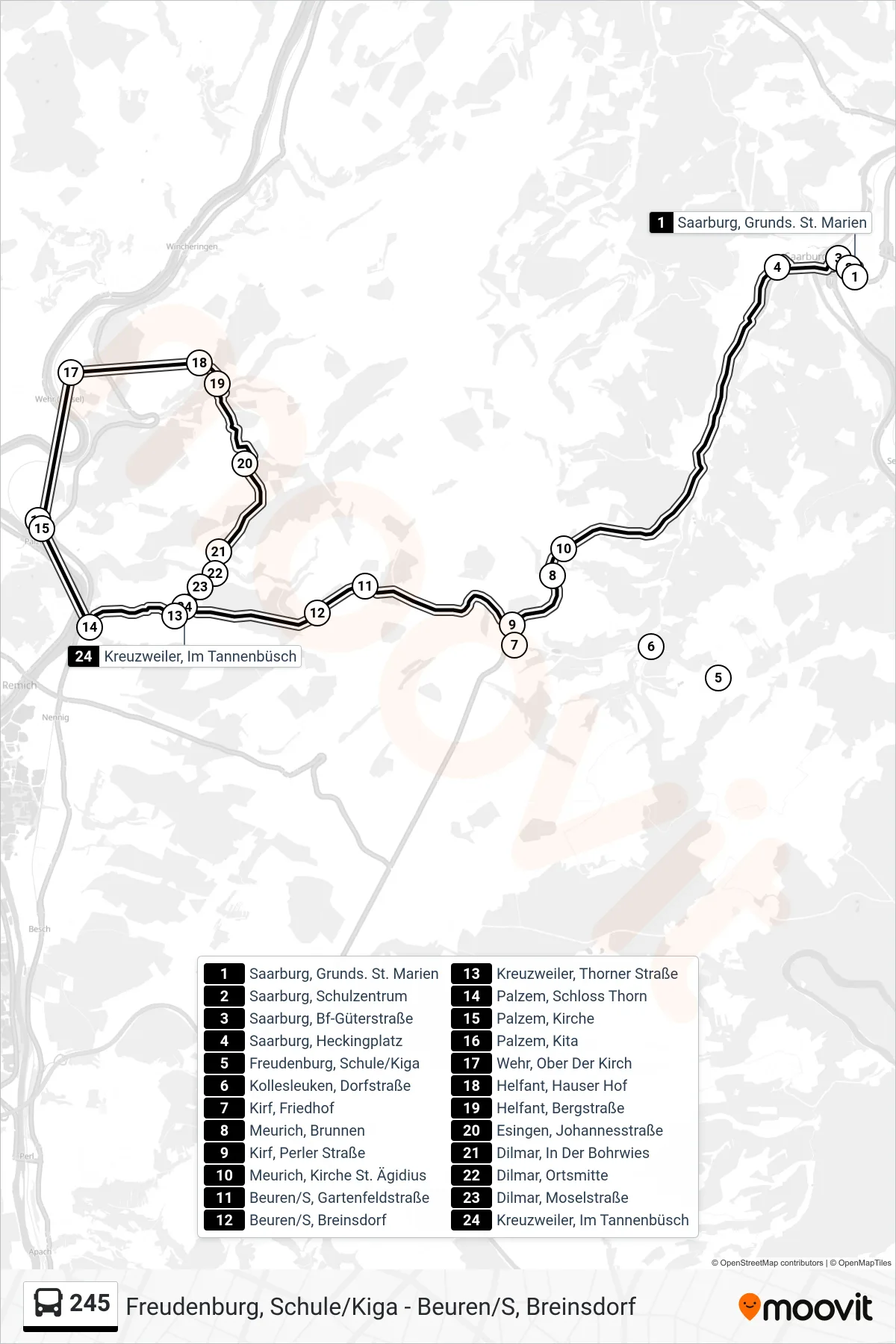 245 bus Line (Kreuzweiler, Im Tannenbüsch) route and stops on a map