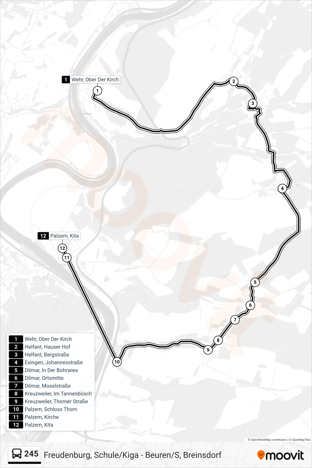 245 bus Line (Palzem, Kita) route and stops on a map