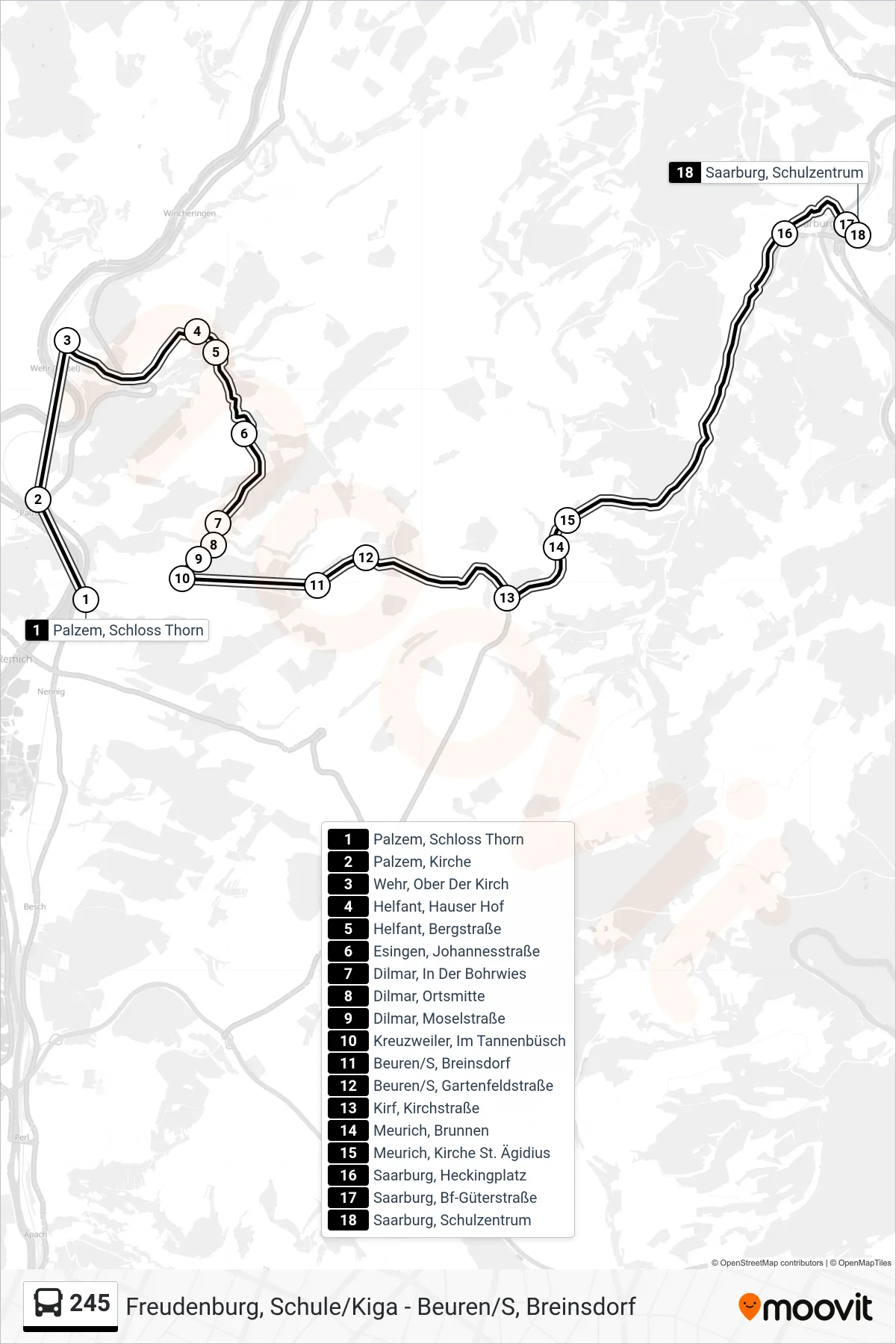 245 bus Line (Saarburg, Schulzentrum) route and stops on a map