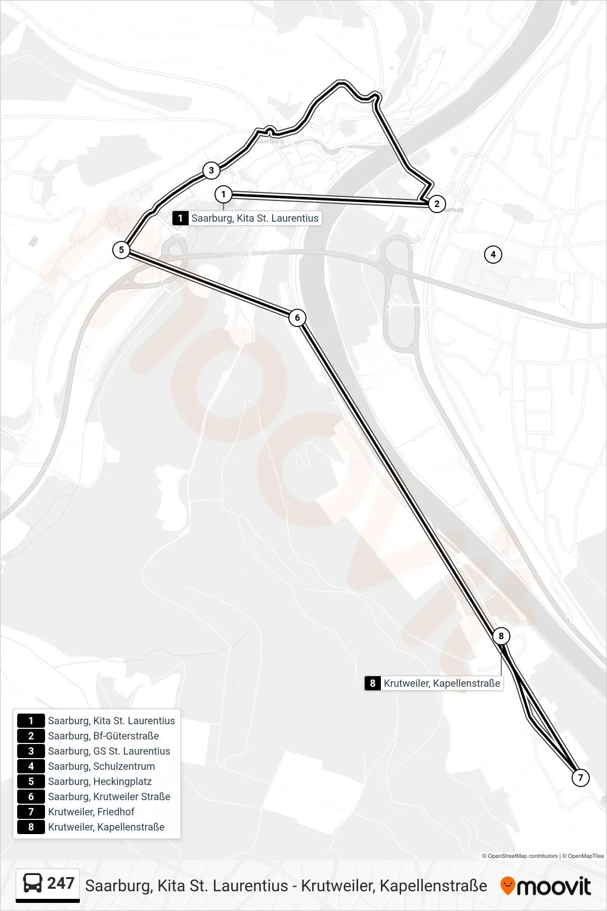 247 bus Line (Krutweiler, Kapellenstraße) route and stops on a map