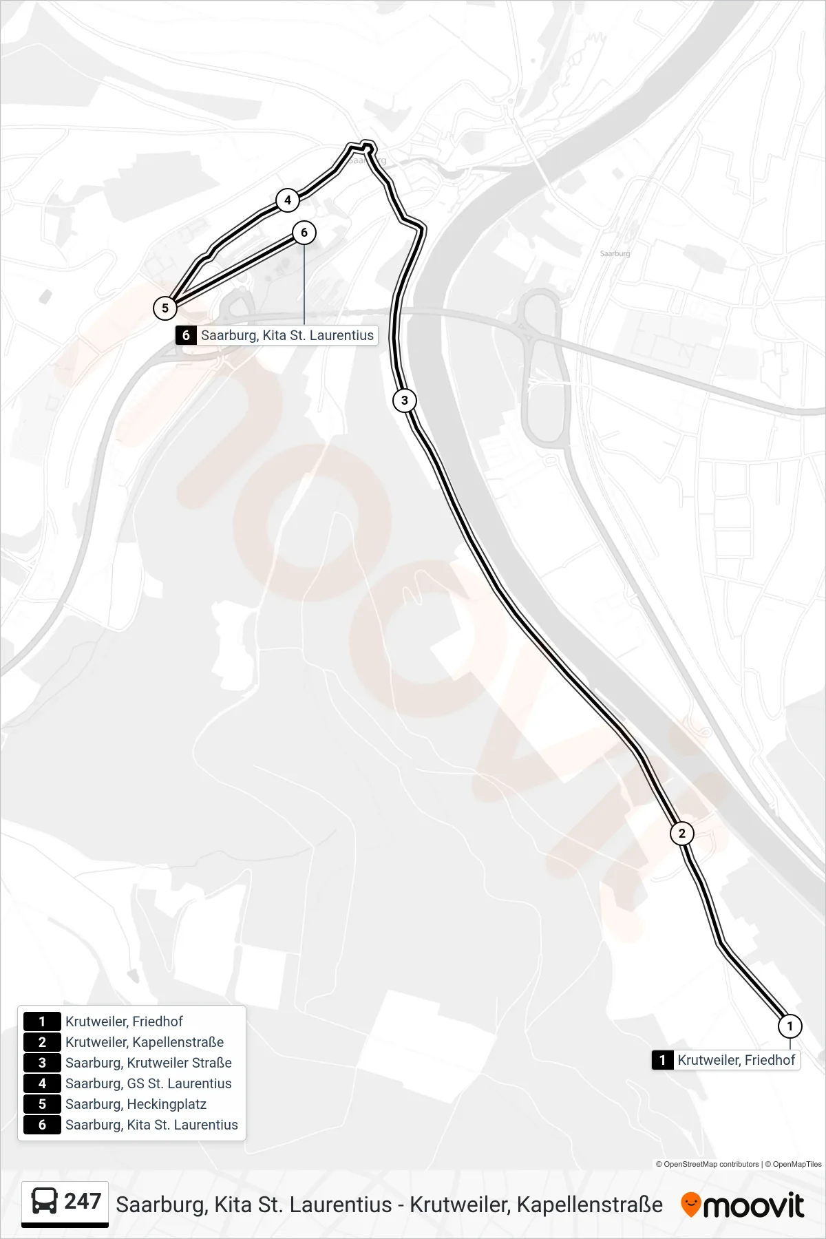 247 bus Line (Saarburg, Kita St. Laurentius) route and stops on a map