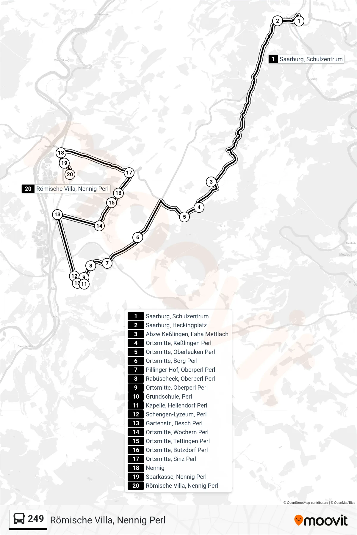 249 bus Line (Römische Villa, Nennig Perl) route and stops on a map