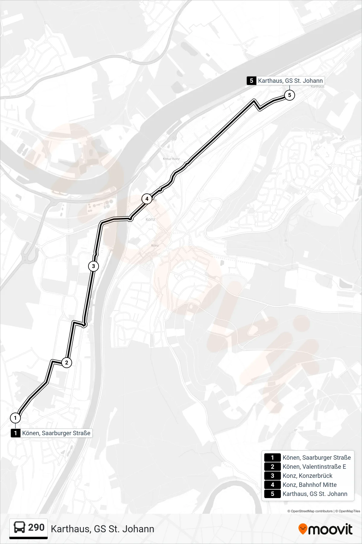 290 bus Line (Karthaus, GS St. Johann) route and stops on a map