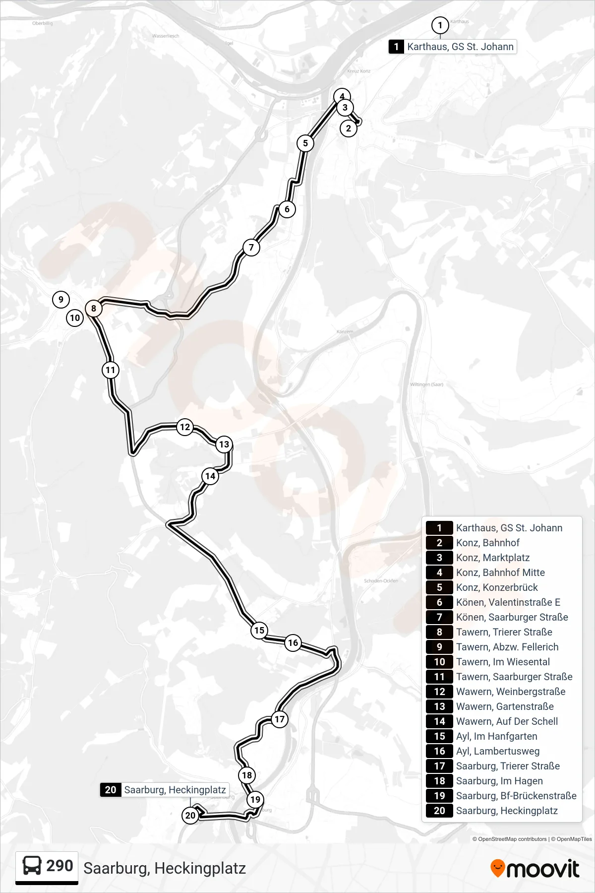290 bus Line (Saarburg, Heckingplatz) route and stops on a map