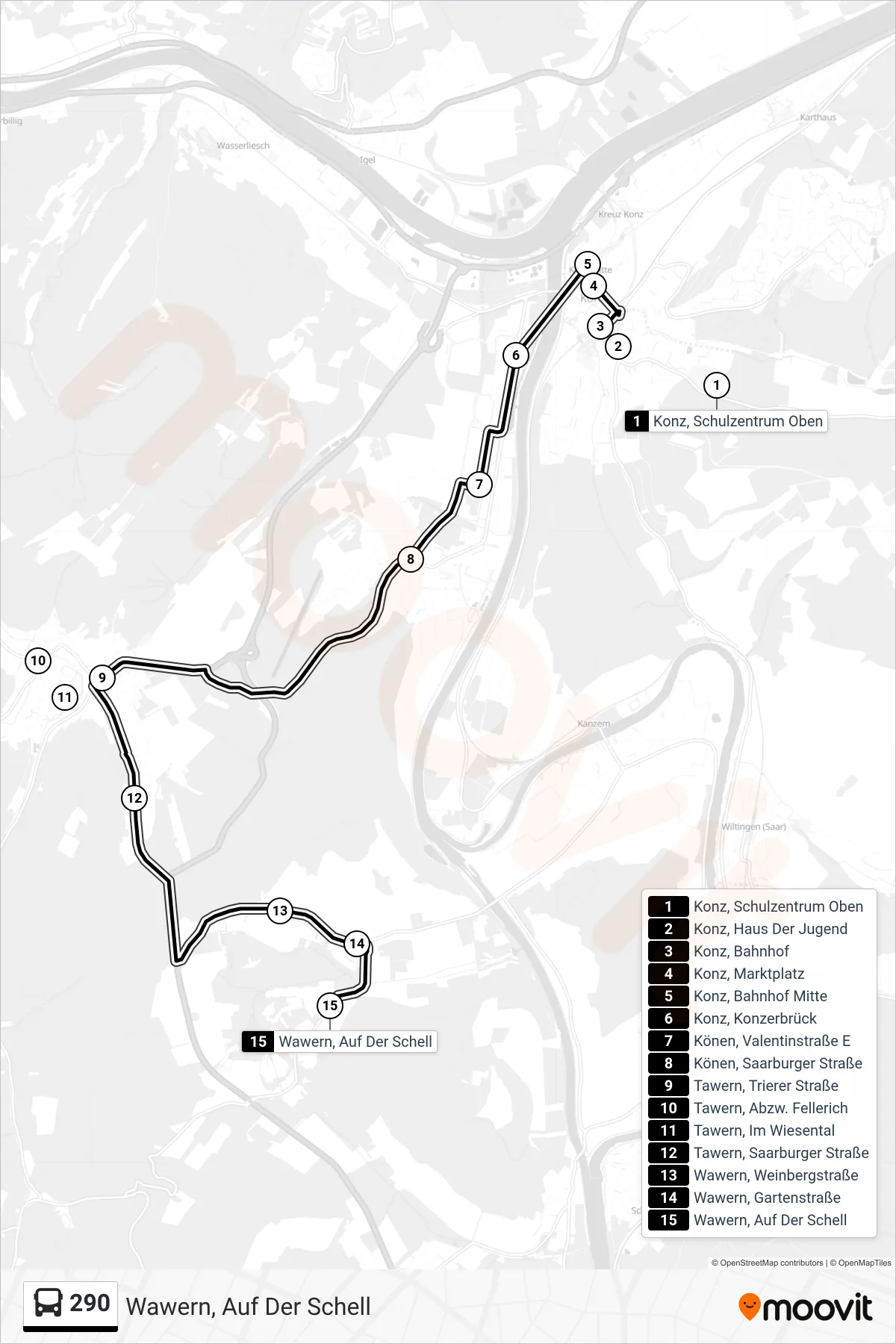 290 bus Line (Wawern, Auf Der Schell) route and stops on a map