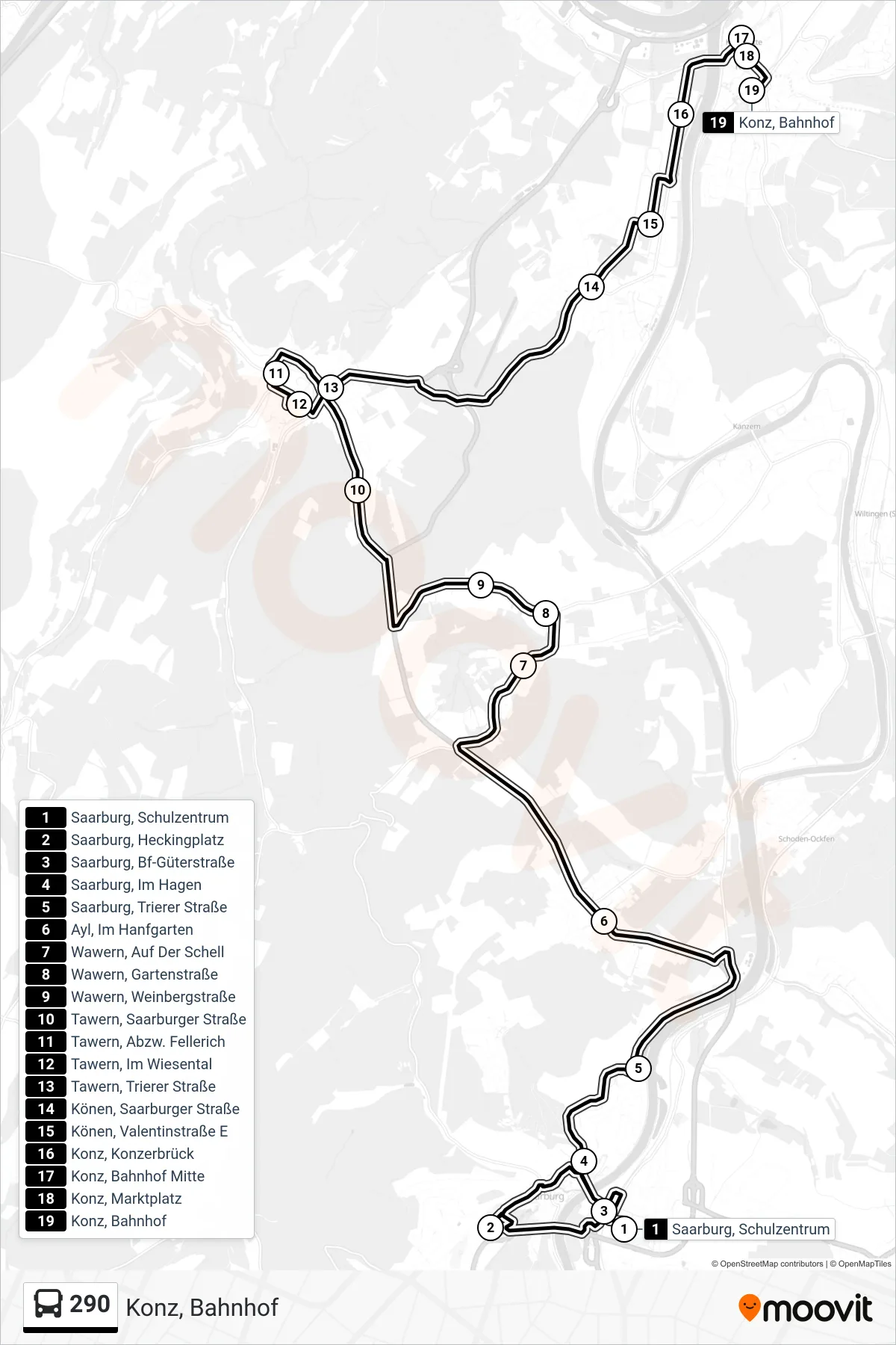 290 bus Line (Konz, Bahnhof) route and stops on a map