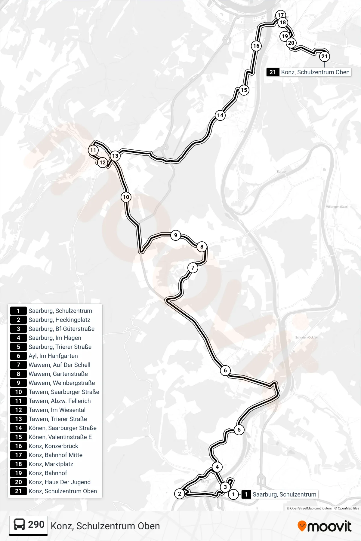 Linie 290 (Bus) Richtung Konz, Schulzentrum Oben: Route und Haltestellen auf der Karte