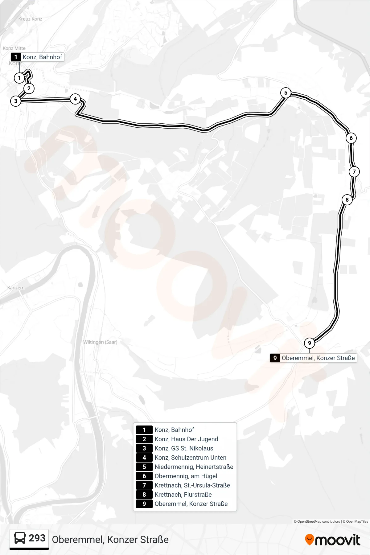 293 bus Line (Oberemmel, Konzer Straße) route and stops on a map