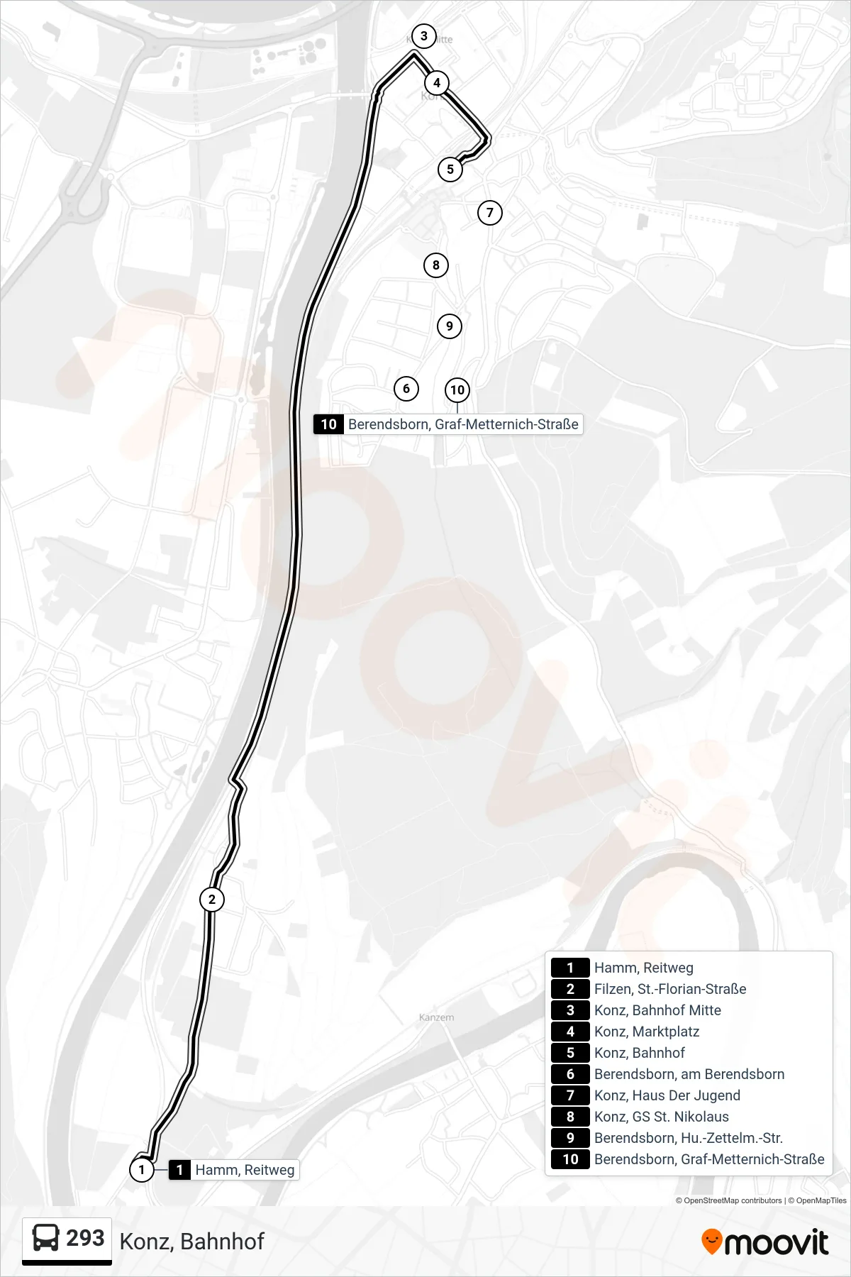 Linie 293 (Bus) Richtung Konz, Bahnhof: Route und Haltestellen auf der Karte