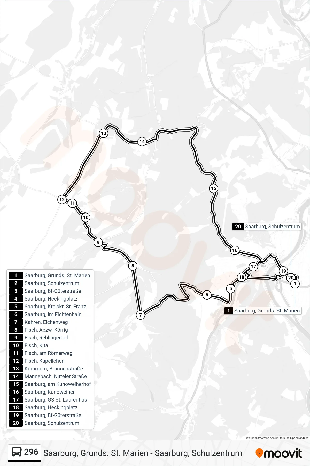 Linie 296 (Bus) Richtung Saarburg, Schulzentrum: Route und Haltestellen auf der Karte