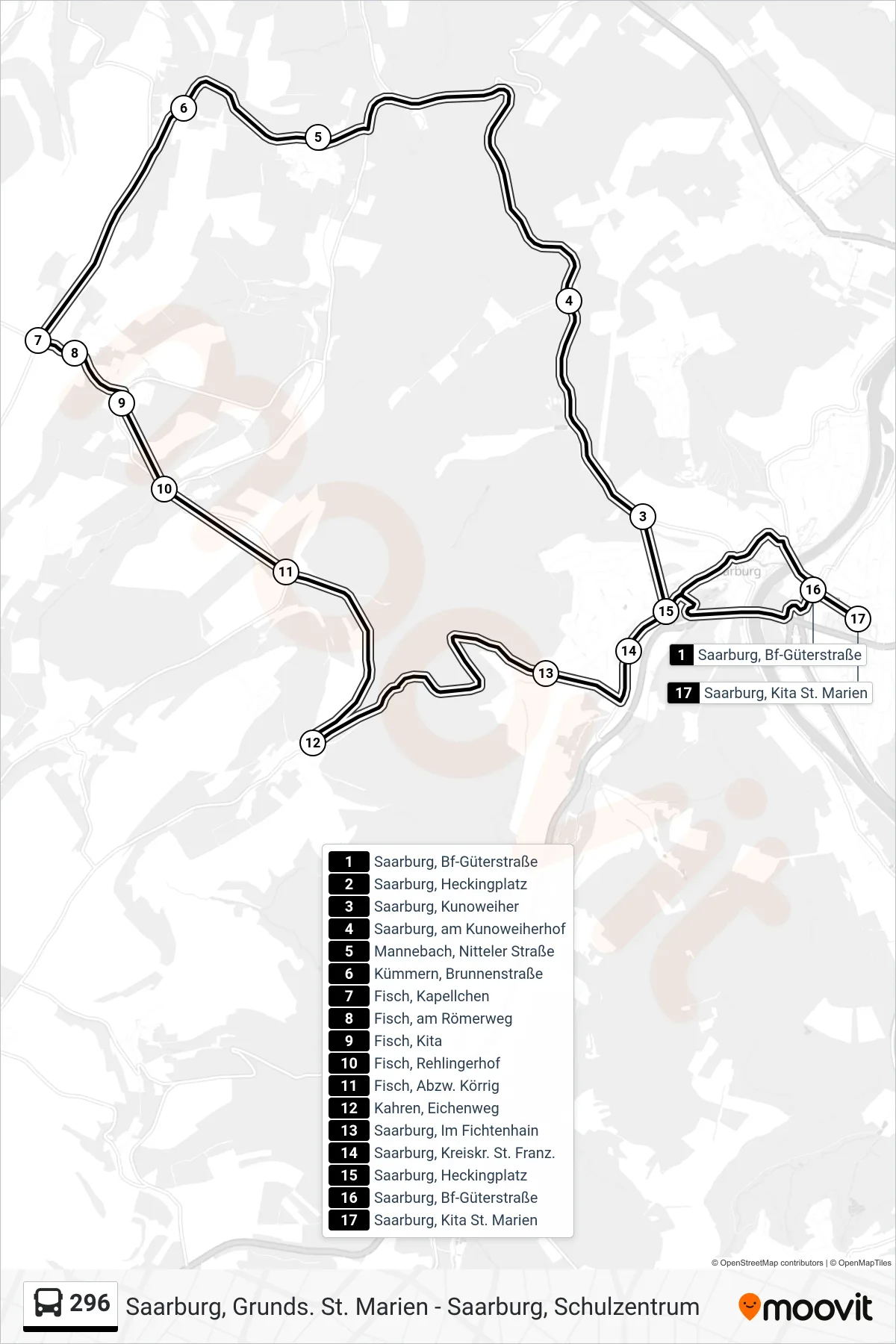 296 bus Line (Saarburg, Kita St. Marien) route and stops on a map