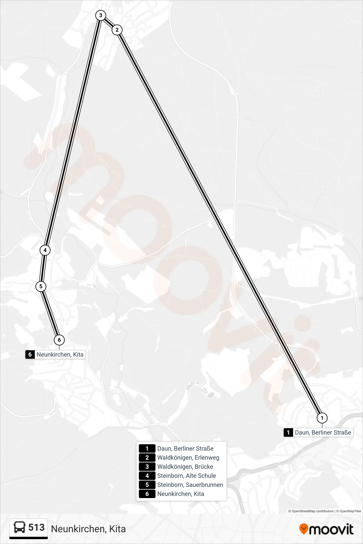 513 bus Line (Neunkirchen, Kita) route and stops on a map