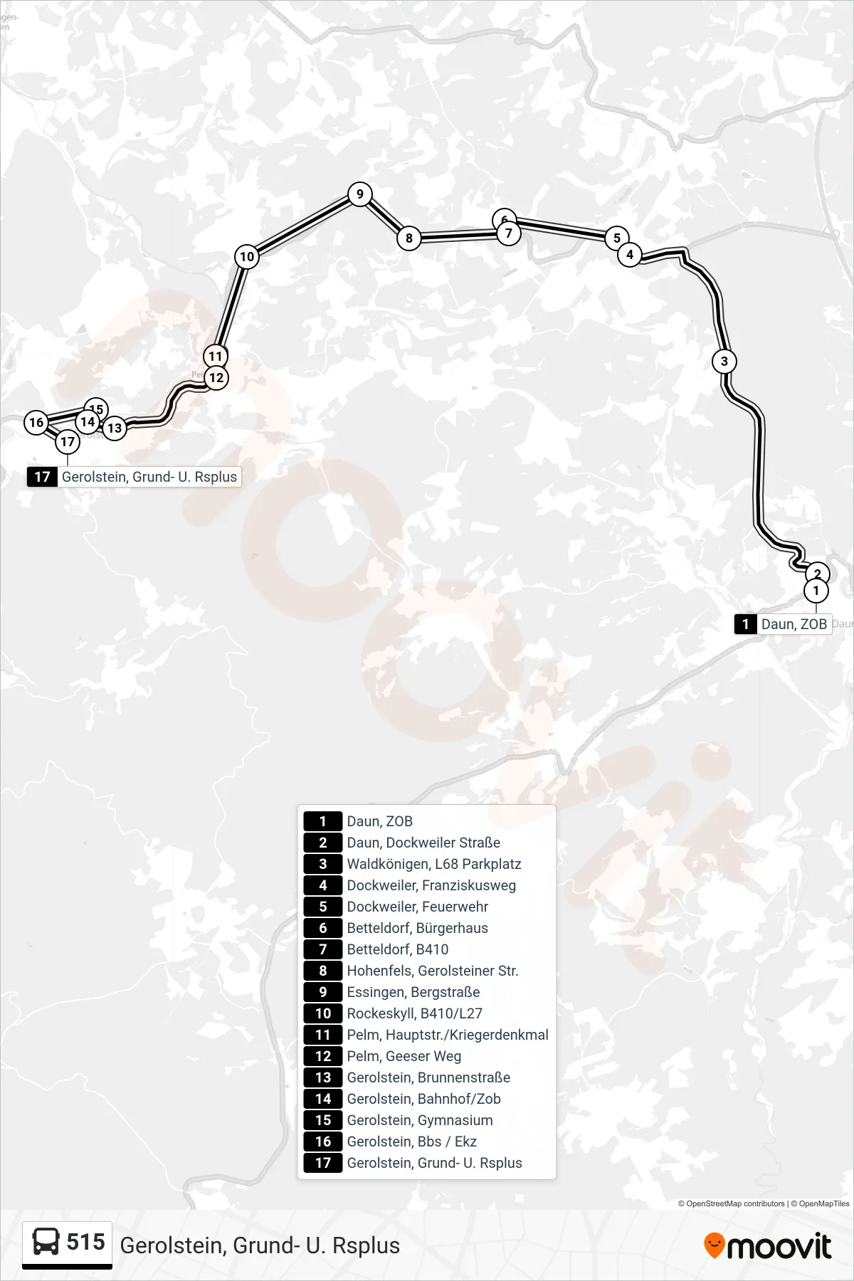 515 bus Line (Gerolstein, Grund- U. Rsplus) route and stops on a map