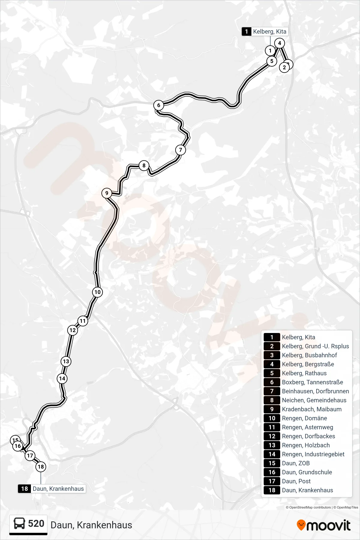 520 bus Line (Daun, Krankenhaus) route and stops on a map
