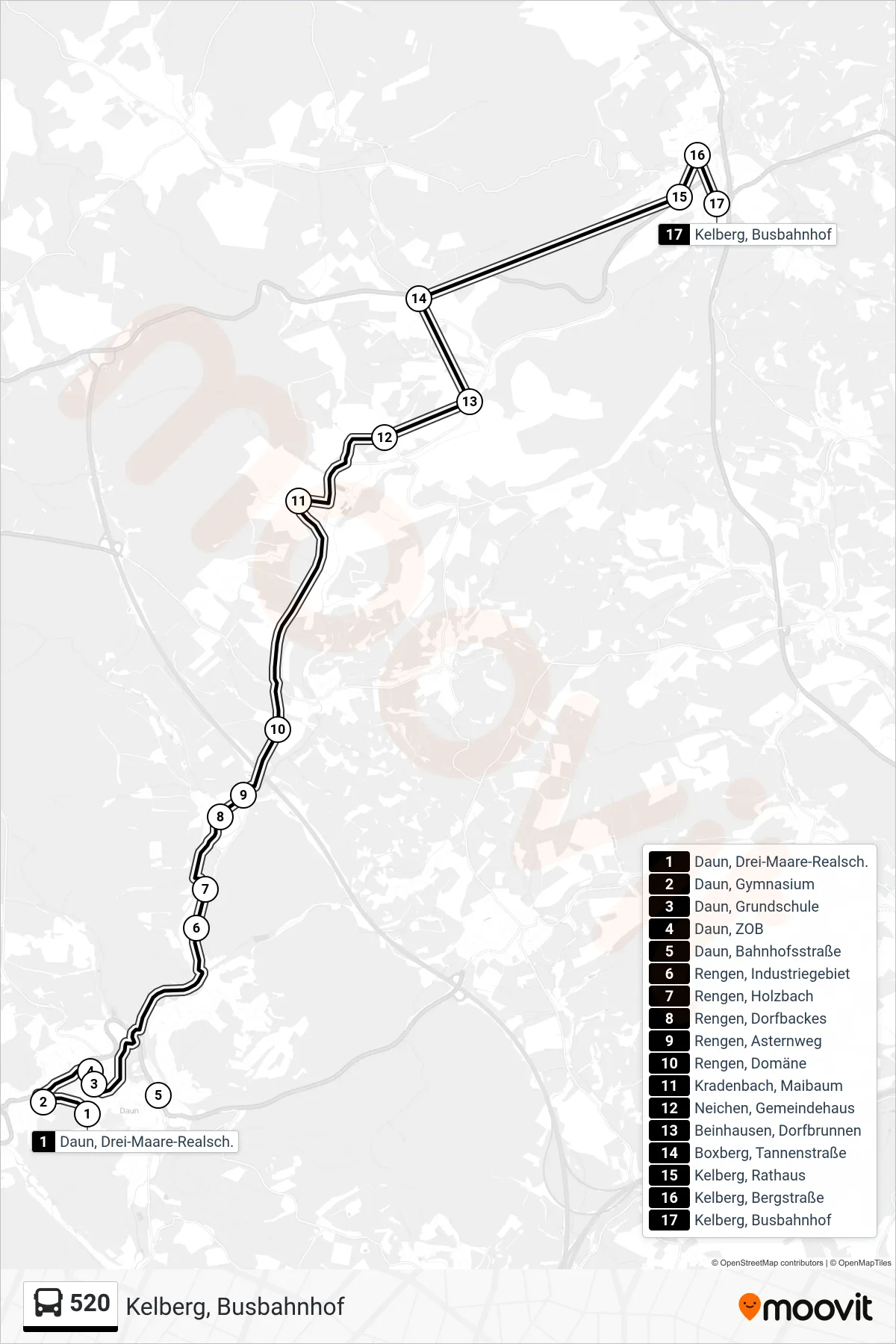 Linie 520 (Bus) Richtung Kelberg, Busbahnhof: Route und Haltestellen auf der Karte