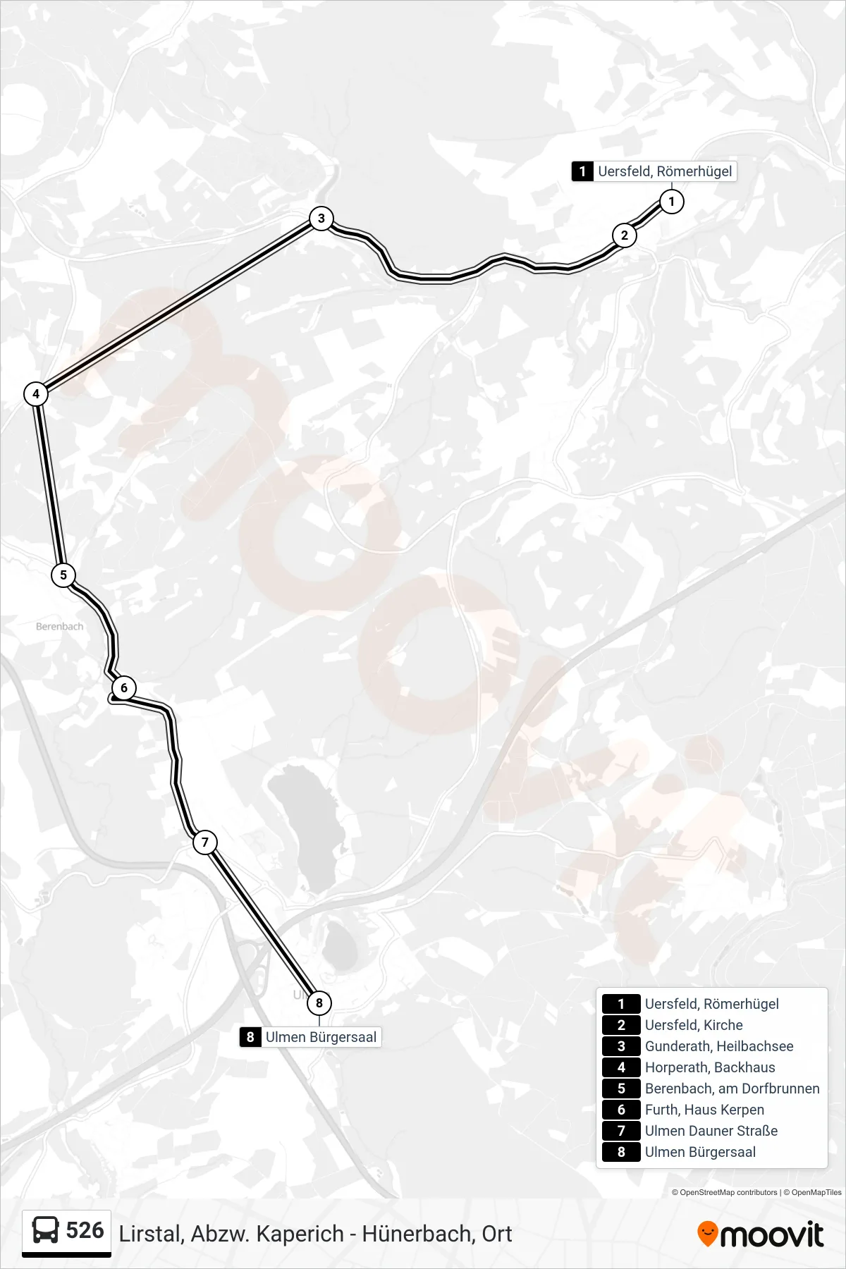 526 bus Line (Ulmen Bürgersaal) route and stops on a map