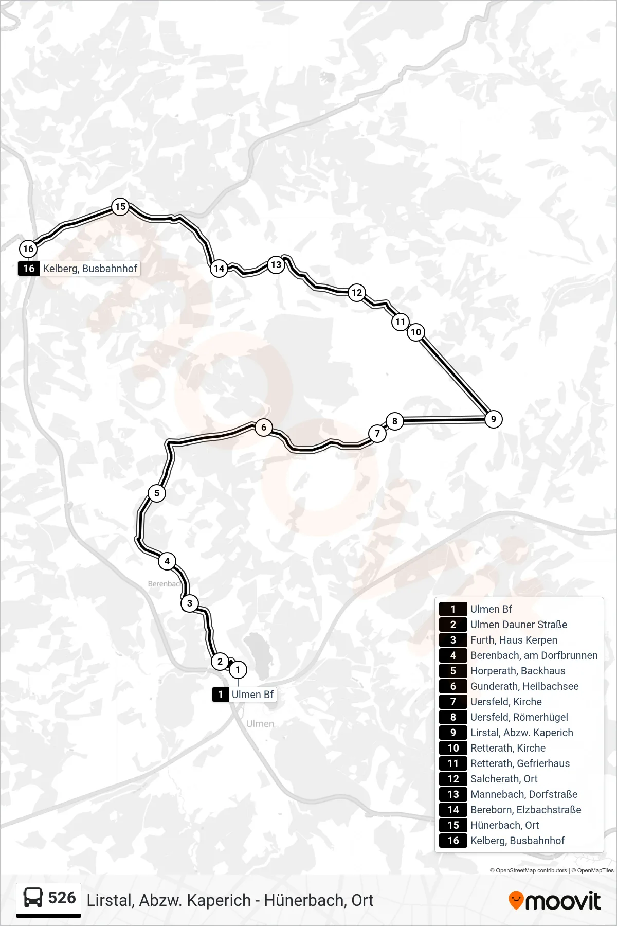 Linie 526 (Bus) Richtung Kelberg, Busbahnhof: Route und Haltestellen auf der Karte