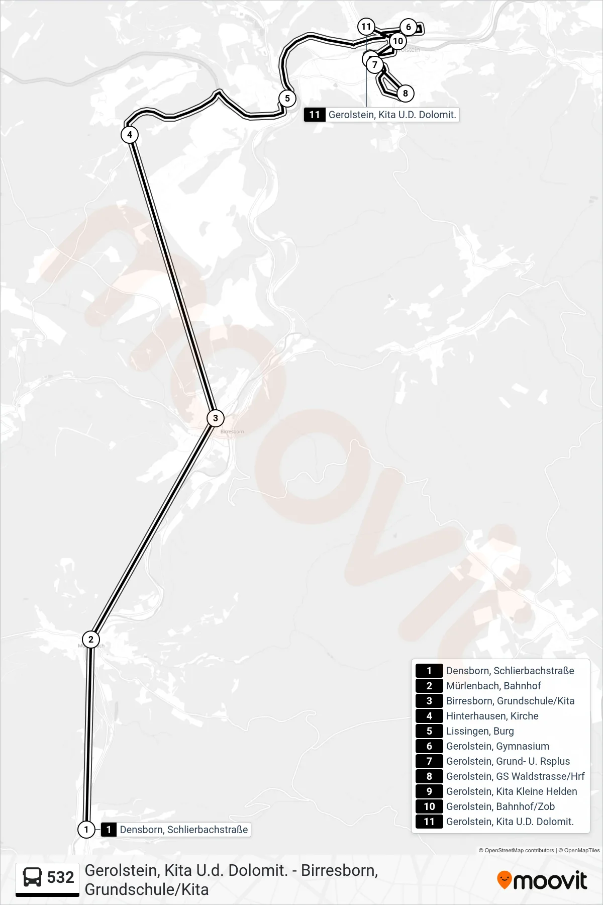 532 bus Line (Gerolstein, Kita U.D. Dolomit.) route and stops on a map