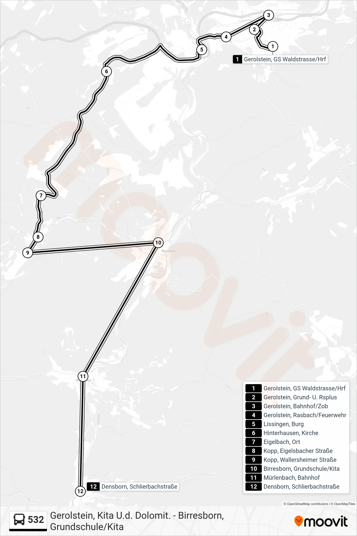 Linie 532 (Bus) Richtung Densborn, Schlierbachstraße: Route und Haltestellen auf der Karte