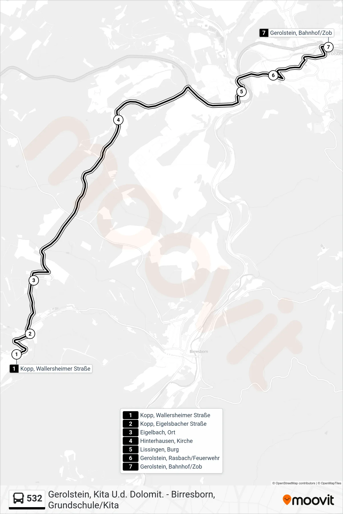 532 bus Line (Gerolstein, Bahnhof/Zob) route and stops on a map