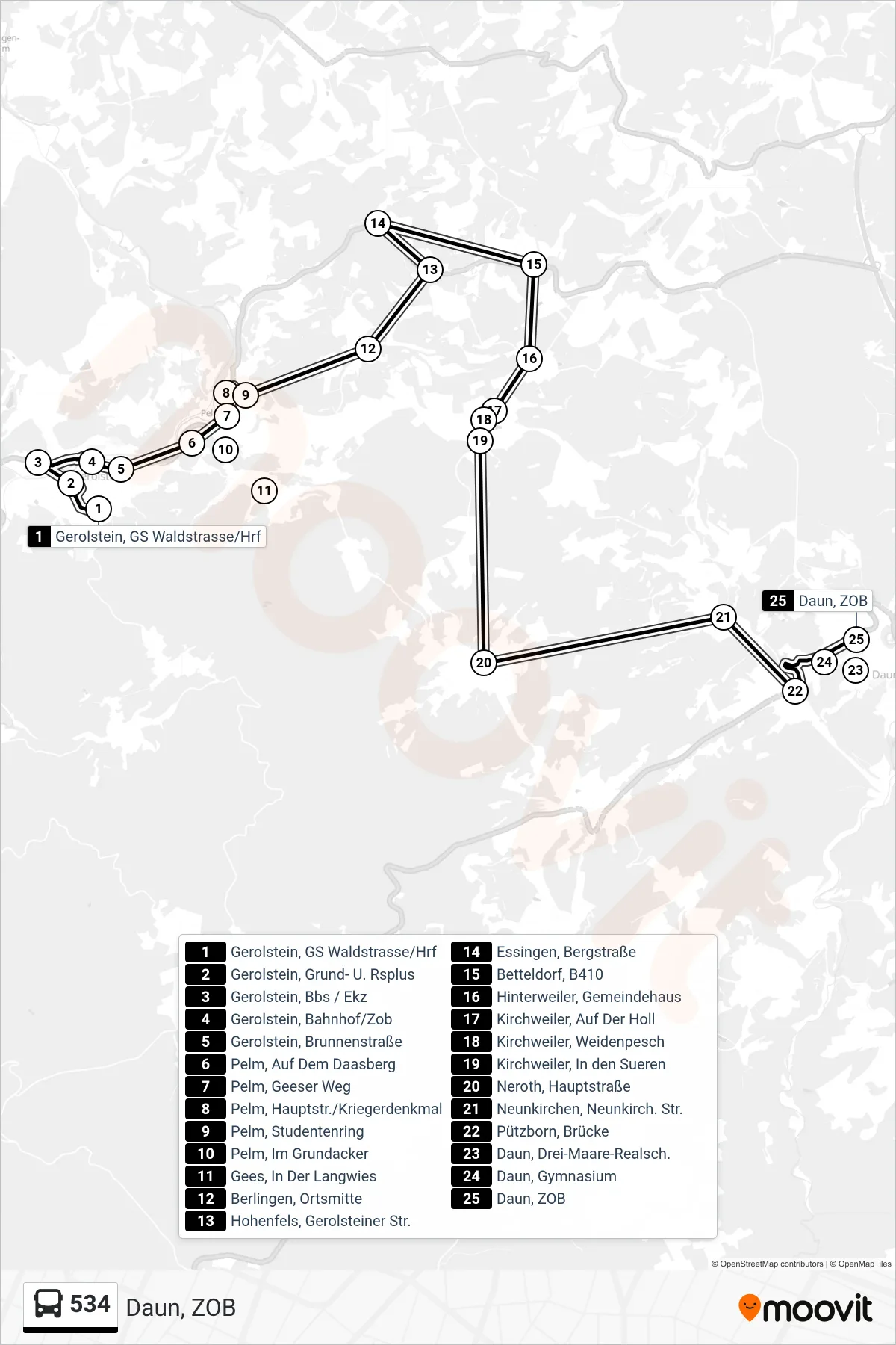 534 bus Line (Daun, ZOB) route and stops on a map