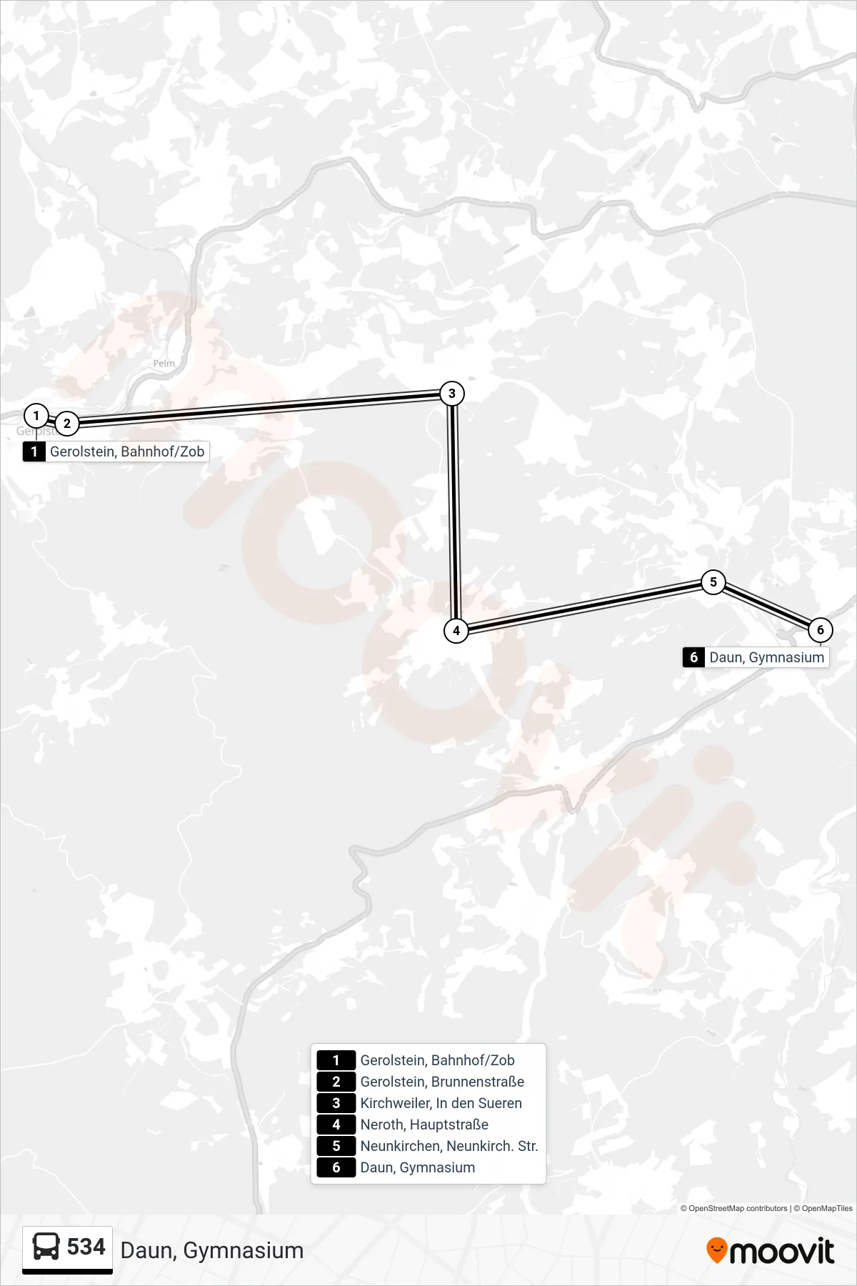 534 bus Line (Daun, Gymnasium) route and stops on a map