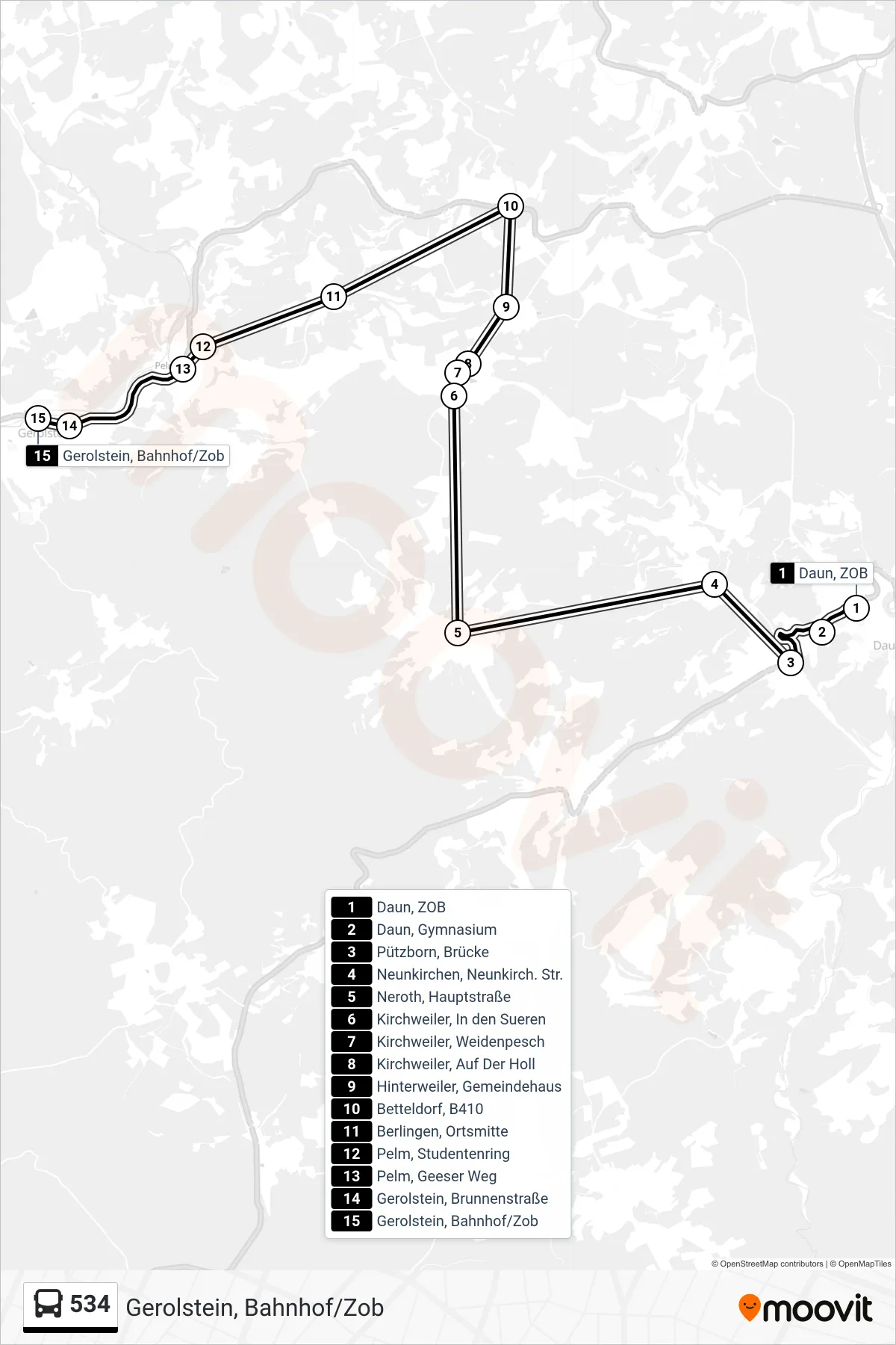 Linie 534 (Bus) Richtung Gerolstein, Bahnhof/Zob: Route und Haltestellen auf der Karte
