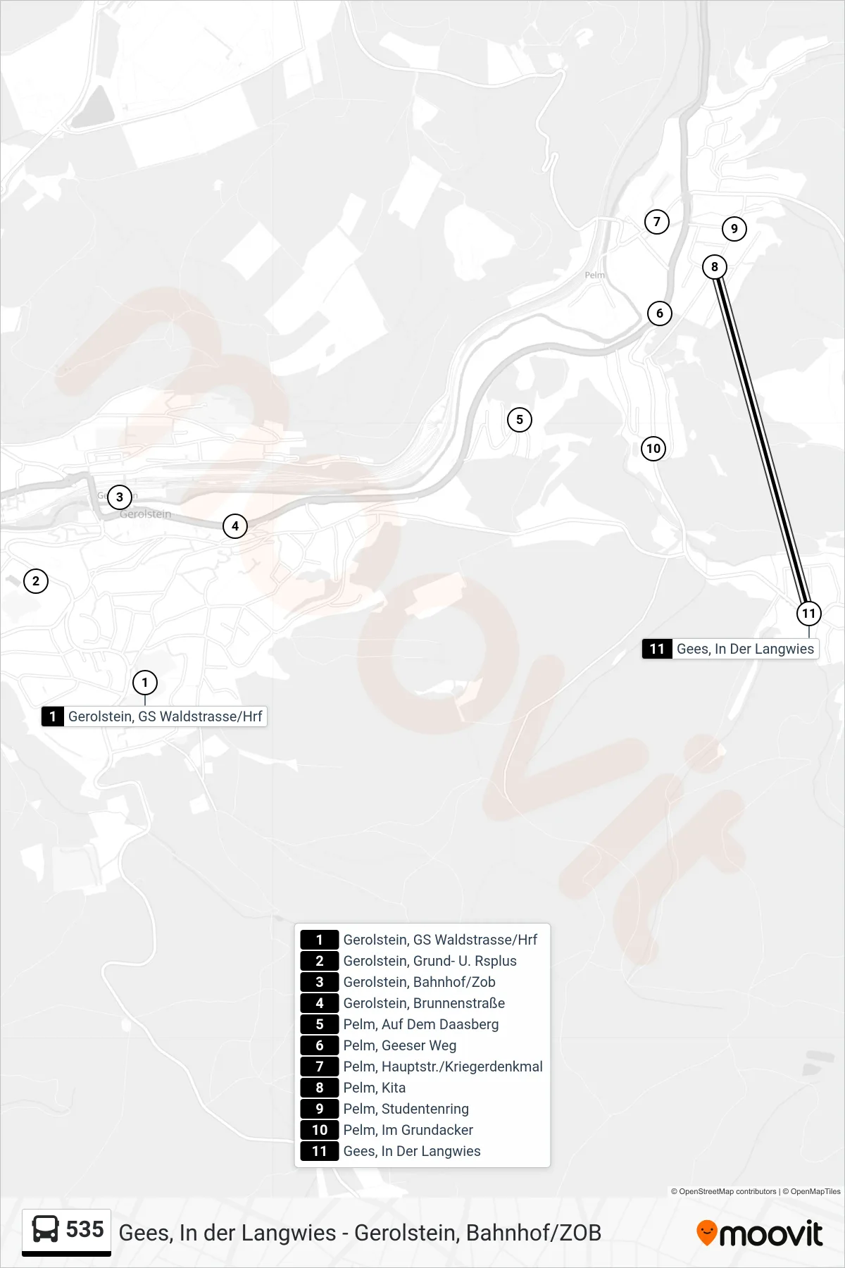 535 bus Line (Gees, In Der Langwies) route and stops on a map